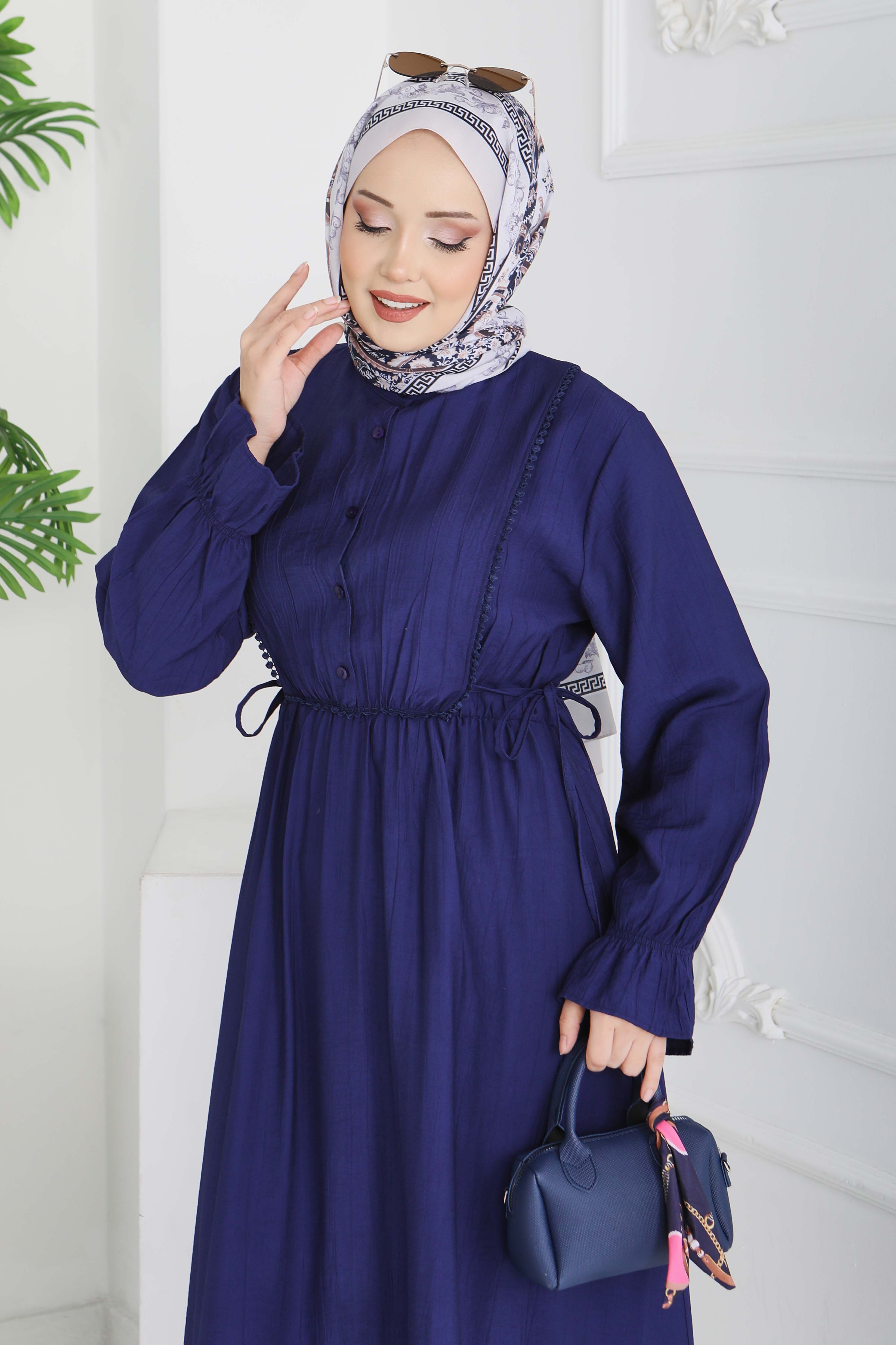 Dantel Detaylı Elbise - 28223-LACIVERT - 3