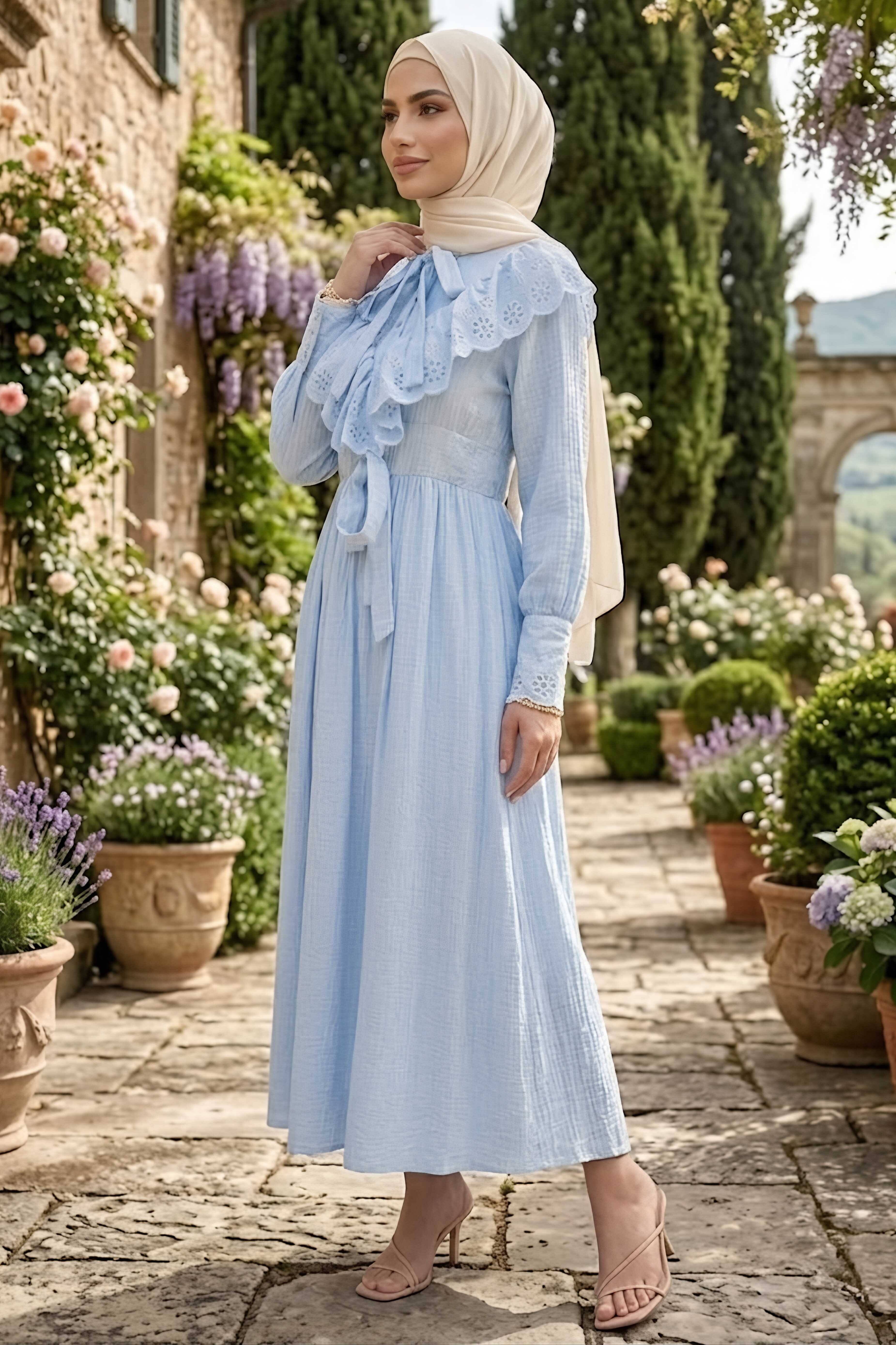 Dantel Detaylı Kuşaklı Elbise Bebe Mavi - 28512-BEBE-MAVI - 2