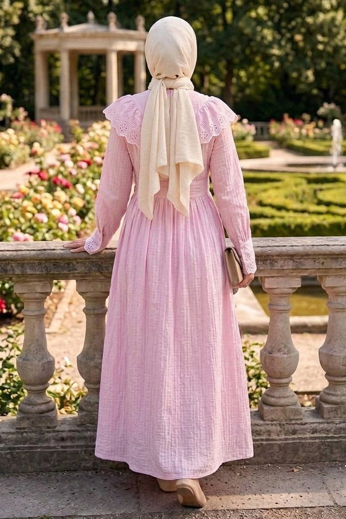 Dantel Detaylı Kuşaklı Elbise Pembe - 28512-PEMBE - 3