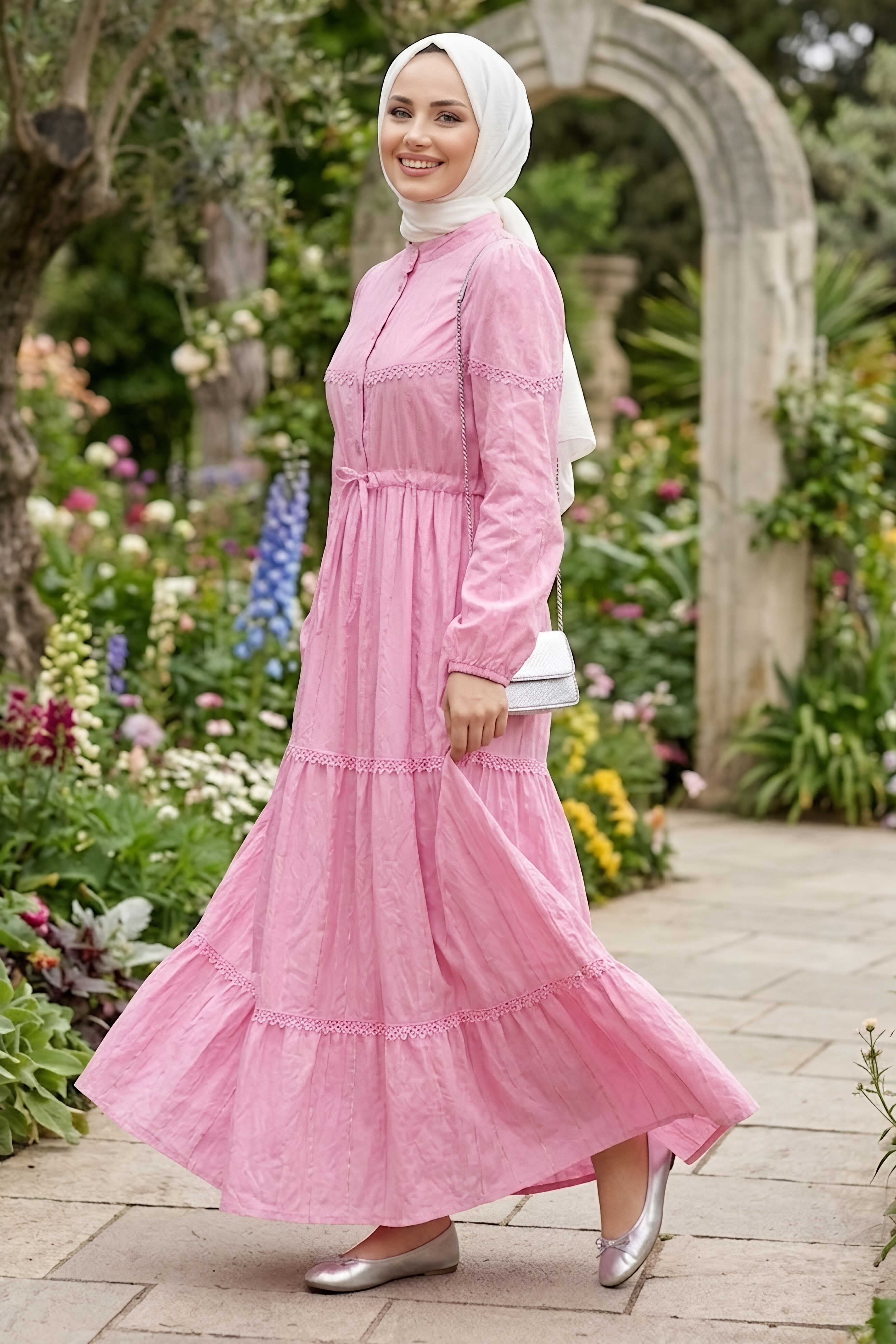 Dantel Detaylı Tünel Kemerli Elbise Pembe - 28542-PEMBE - 1