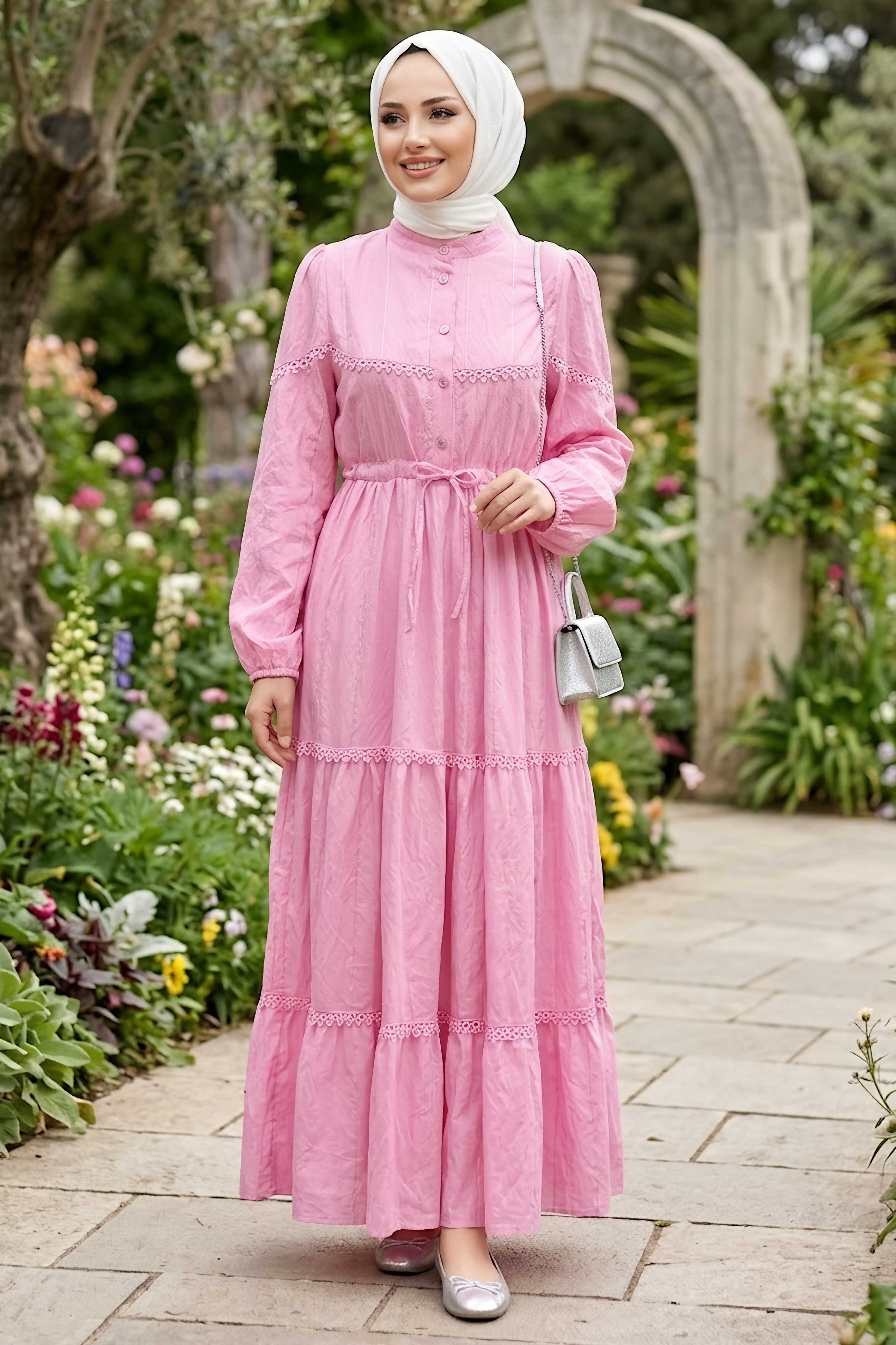 Dantel Detaylı Tünel Kemerli Elbise Pembe - 28542-PEMBE - 2