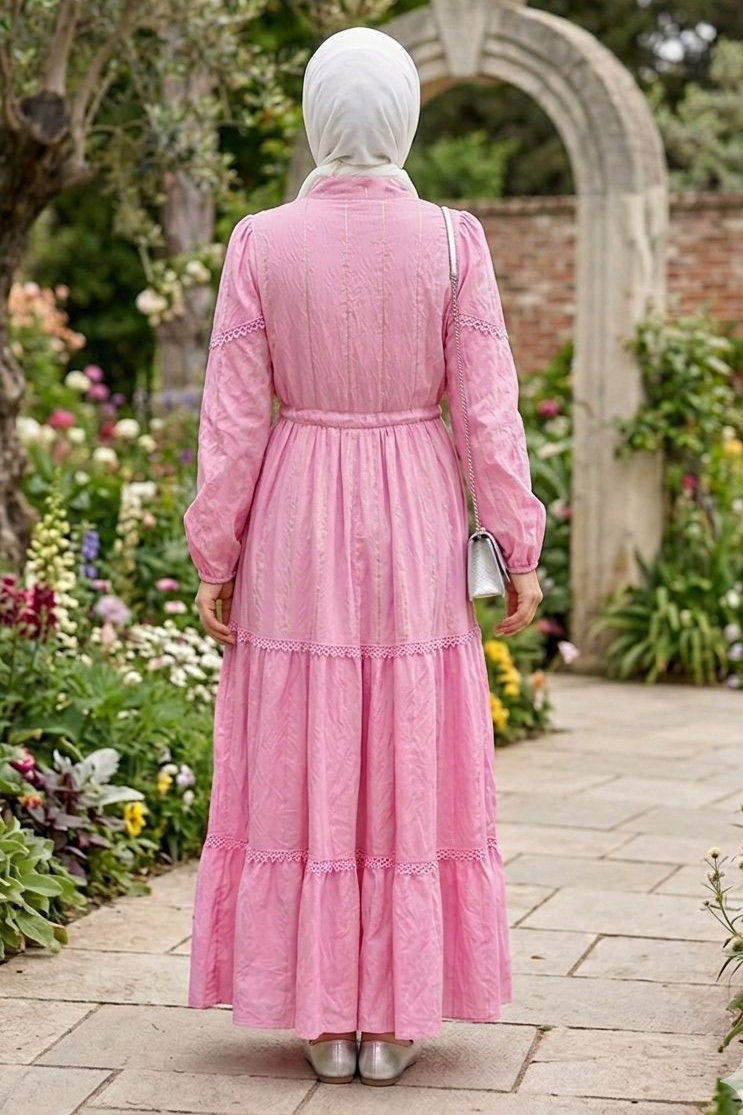 Dantel Detaylı Tünel Kemerli Elbise Pembe - 28542-PEMBE - 3
