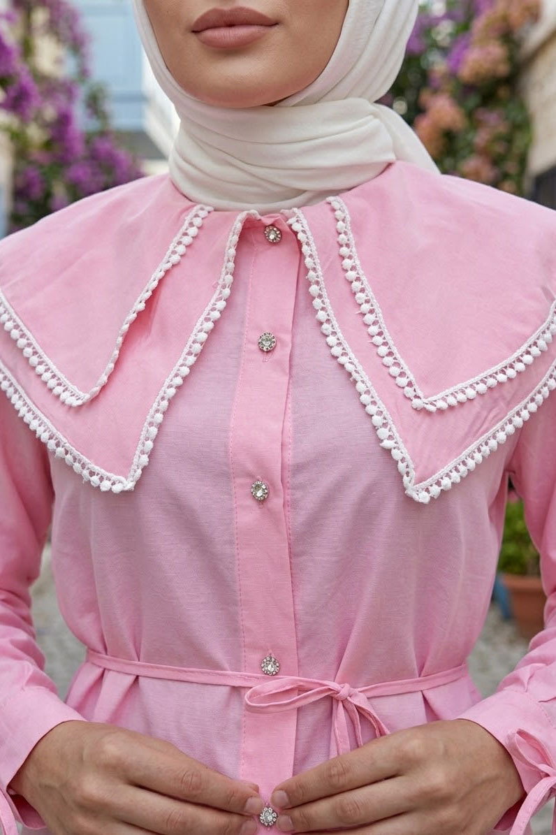 Dantel Yaka Detaylı Tunik Pembe - 28630-PEMBE - 2