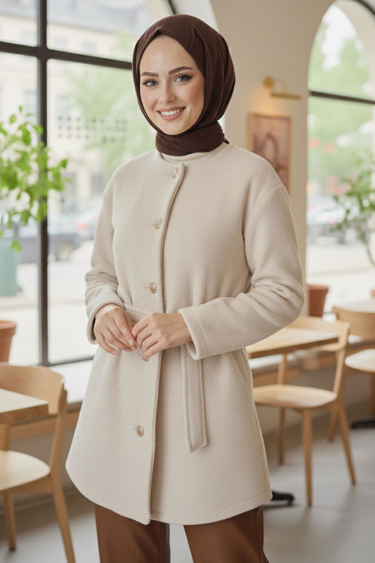 Değmeli Kuşaklı Kaşe Ceket - 28008-EKRU - 2