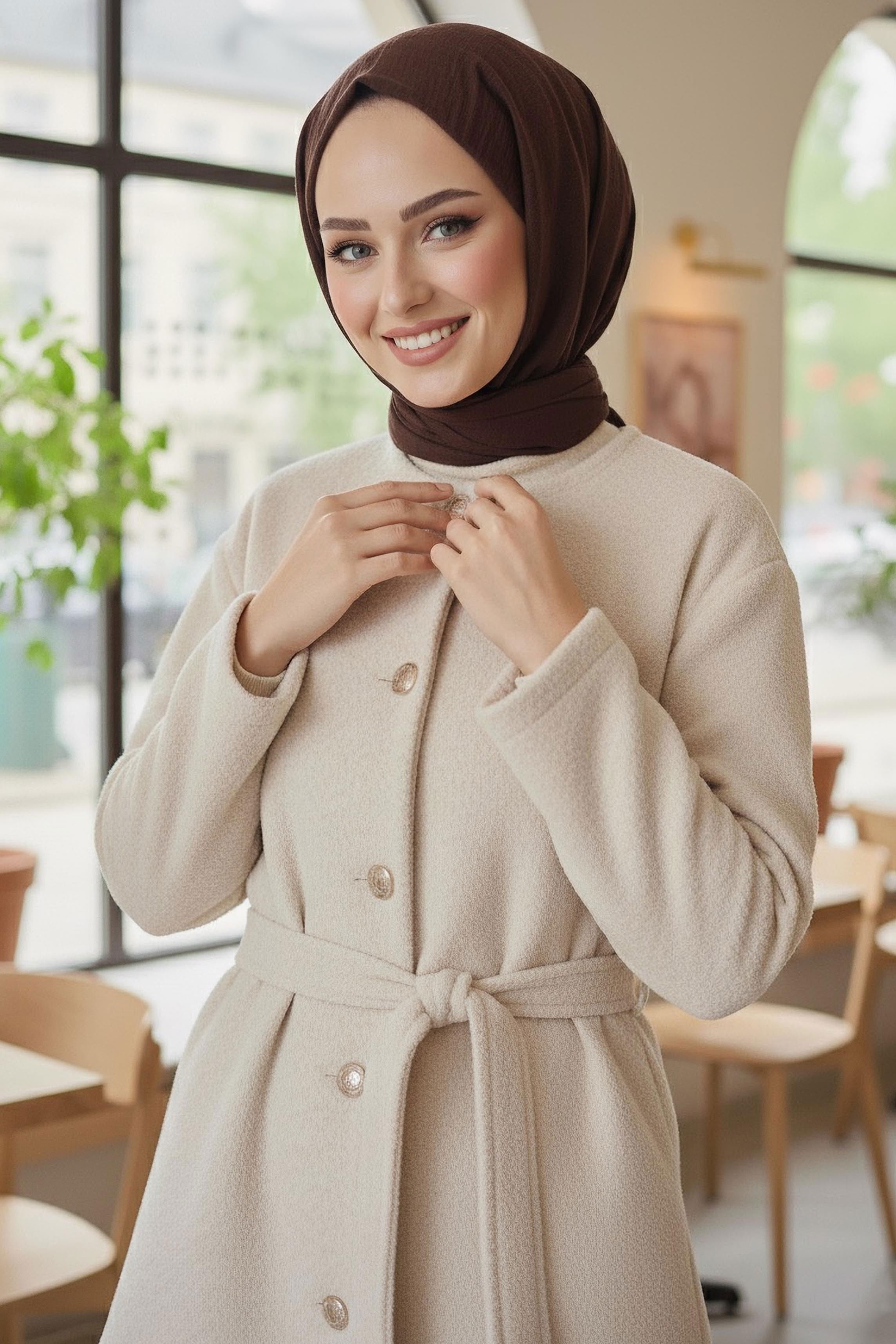 Değmeli Kuşaklı Kaşe Ceket - 28008-EKRU - 3