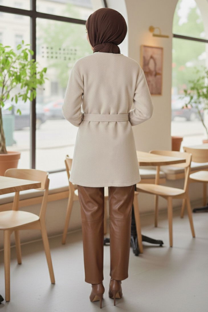 Değmeli Kuşaklı Kaşe Ceket - 28008-EKRU - TOFİSA