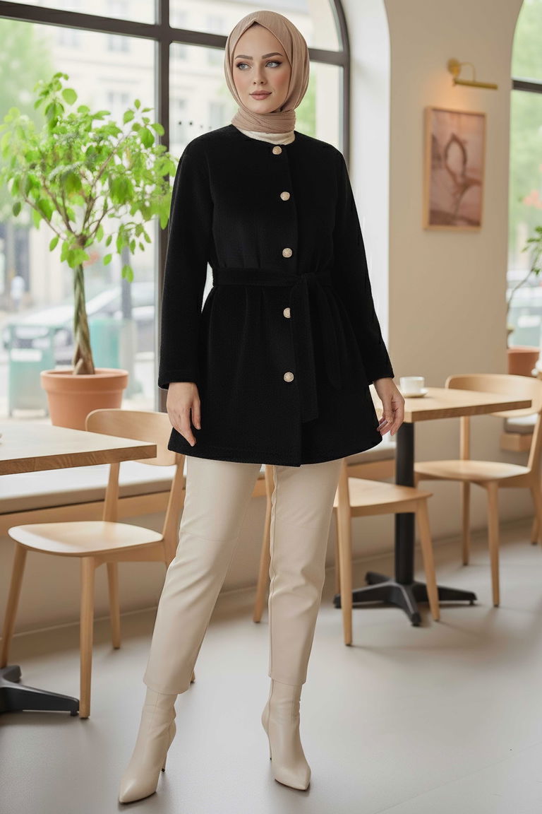 Değmeli Kuşaklı Kaşe Ceket - 28008-SIYAH - TOFİSA