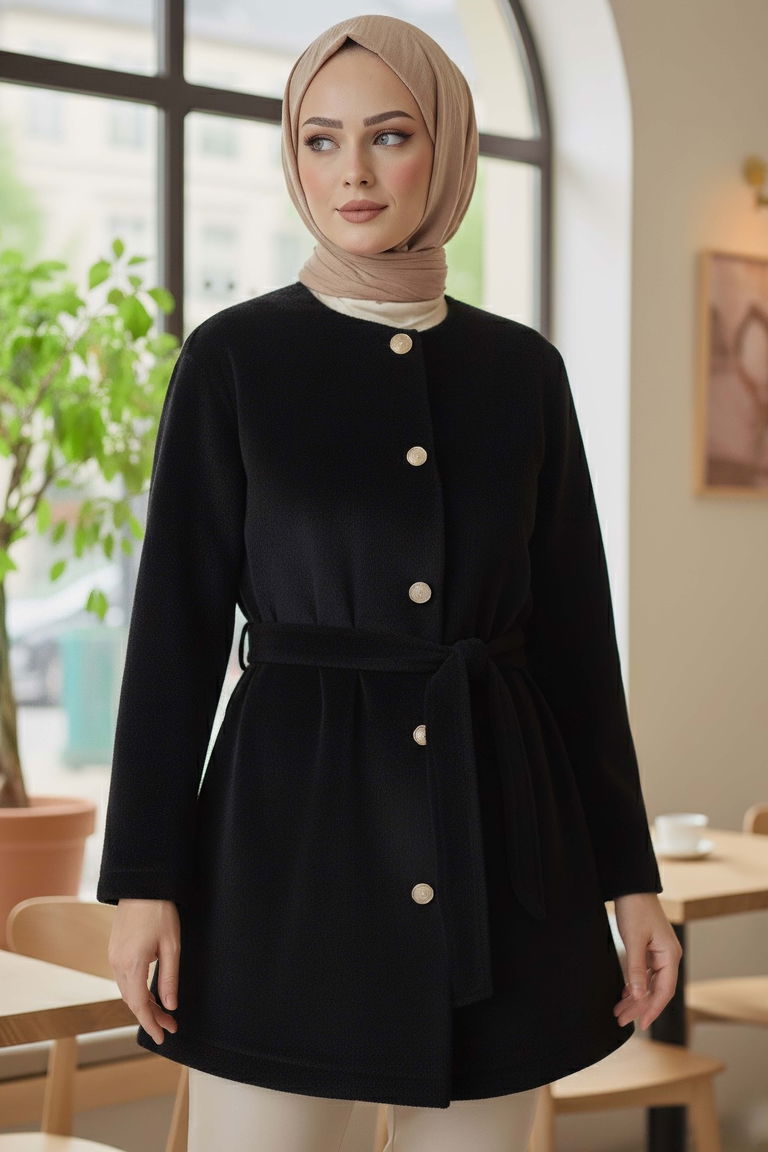 Değmeli Kuşaklı Kaşe Ceket - 28008-SIYAH - TOFİSA