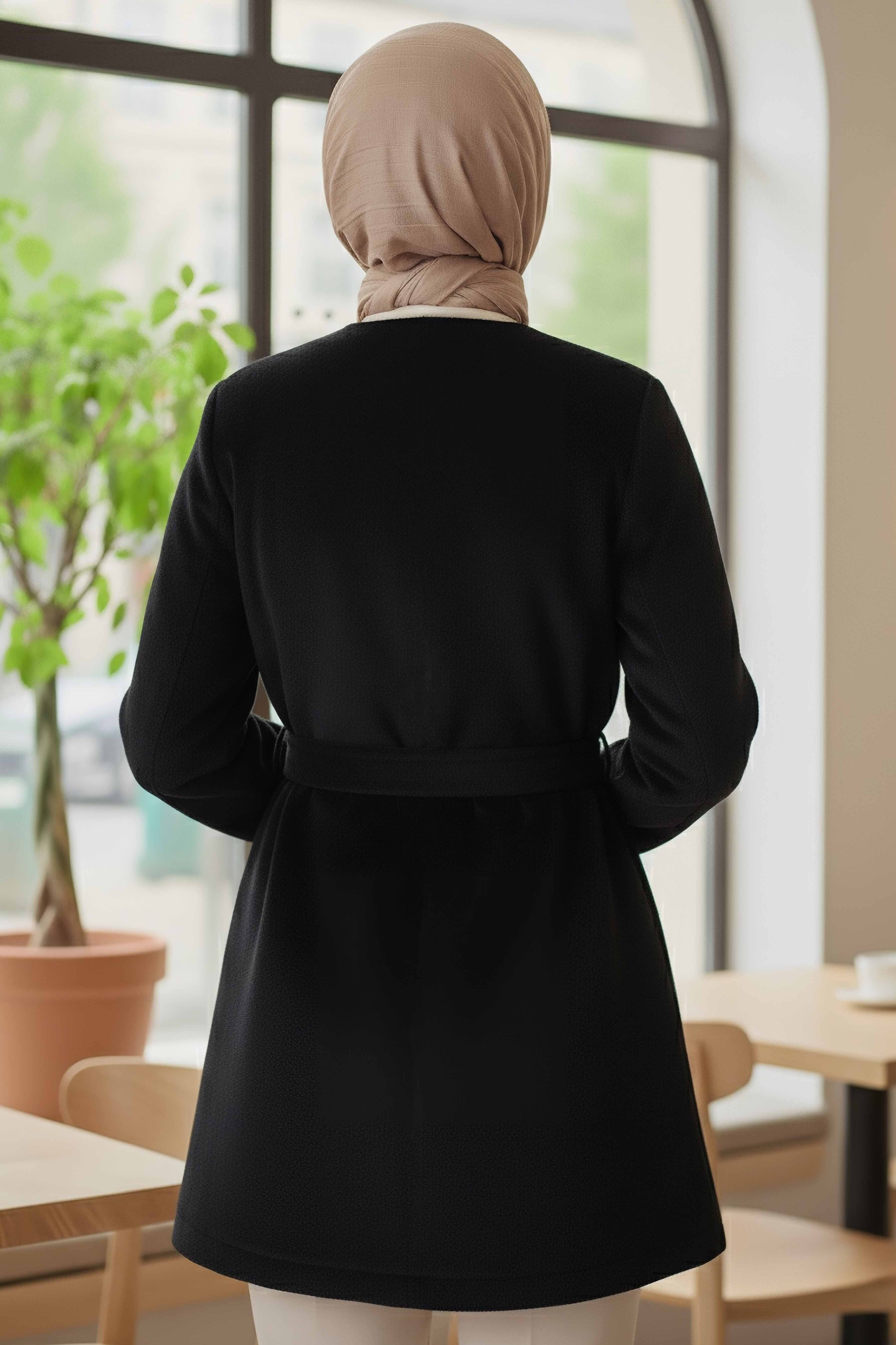 Değmeli Kuşaklı Kaşe Ceket - 28008-SIYAH - 4