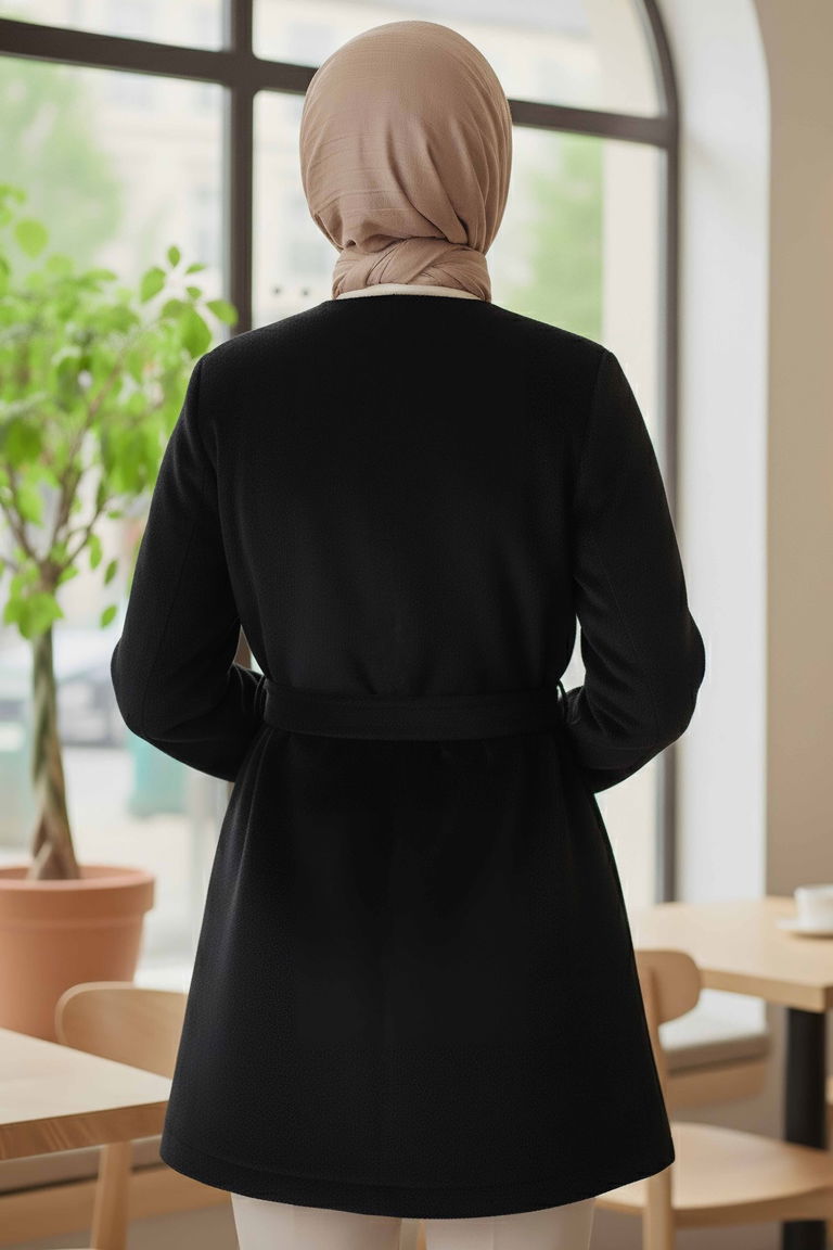 Değmeli Kuşaklı Kaşe Ceket - 28008-SIYAH - TOFİSA