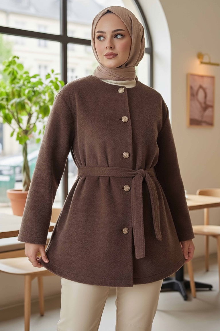 Değmeli Kuşaklı Kaşe Ceket - 28008-VIZON - TOFİSA