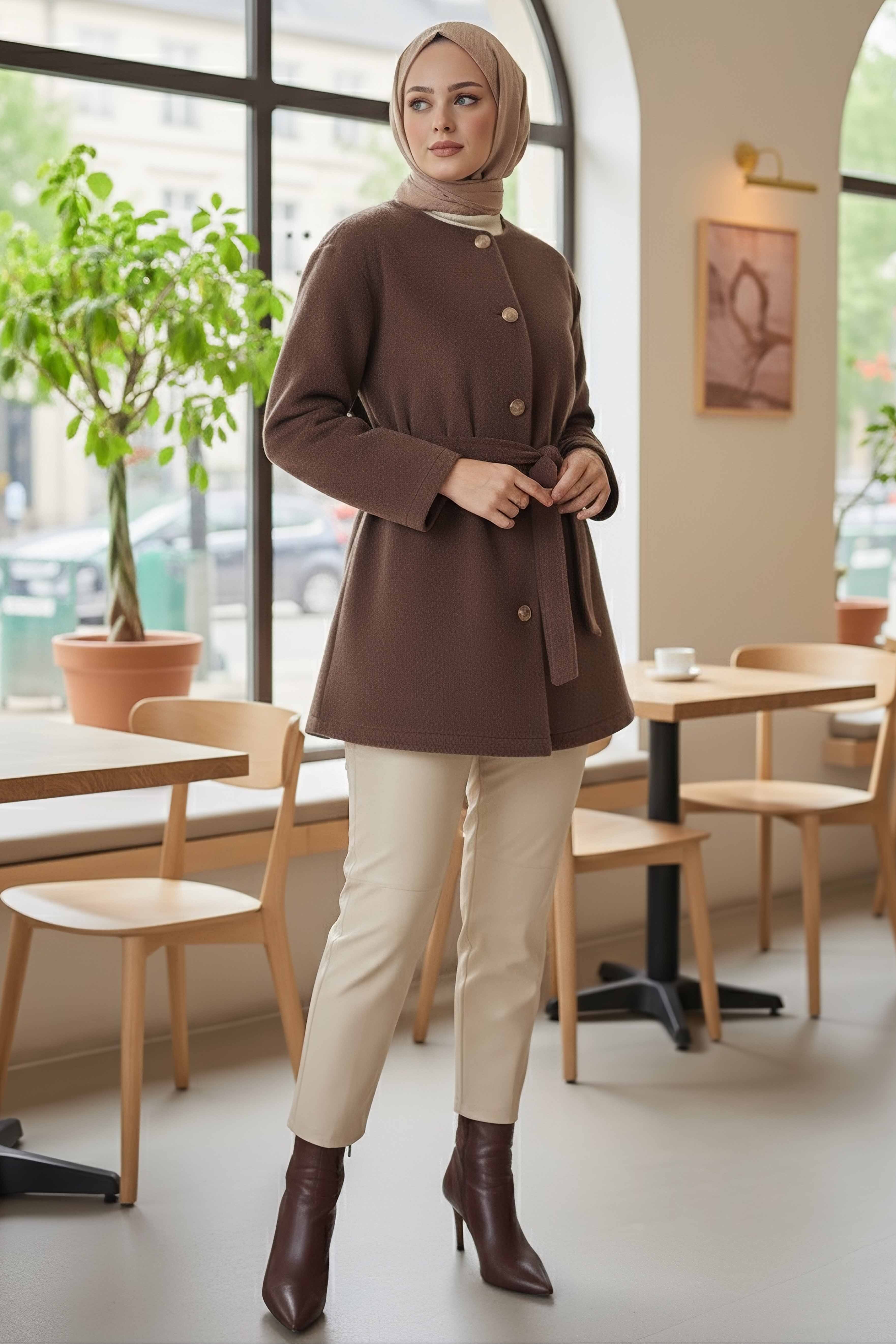 Değmeli Kuşaklı Kaşe Ceket - 28008-VIZON - 2