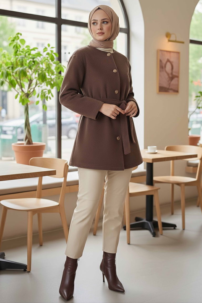 Değmeli Kuşaklı Kaşe Ceket - 28008-VIZON - TOFİSA