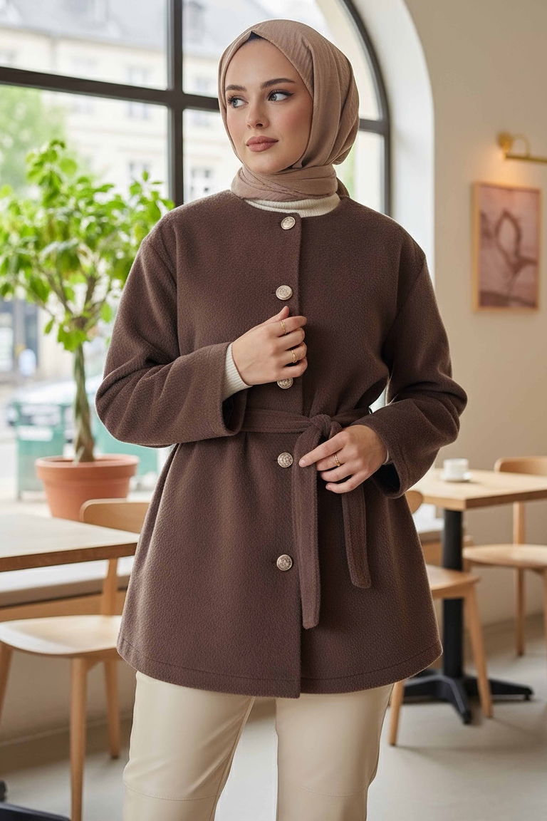 Değmeli Kuşaklı Kaşe Ceket - 28008-VIZON - TOFİSA