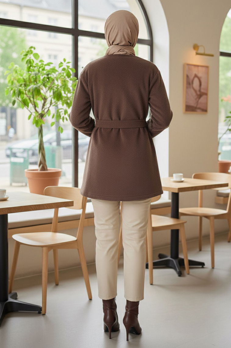 Değmeli Kuşaklı Kaşe Ceket - 28008-VIZON - TOFİSA