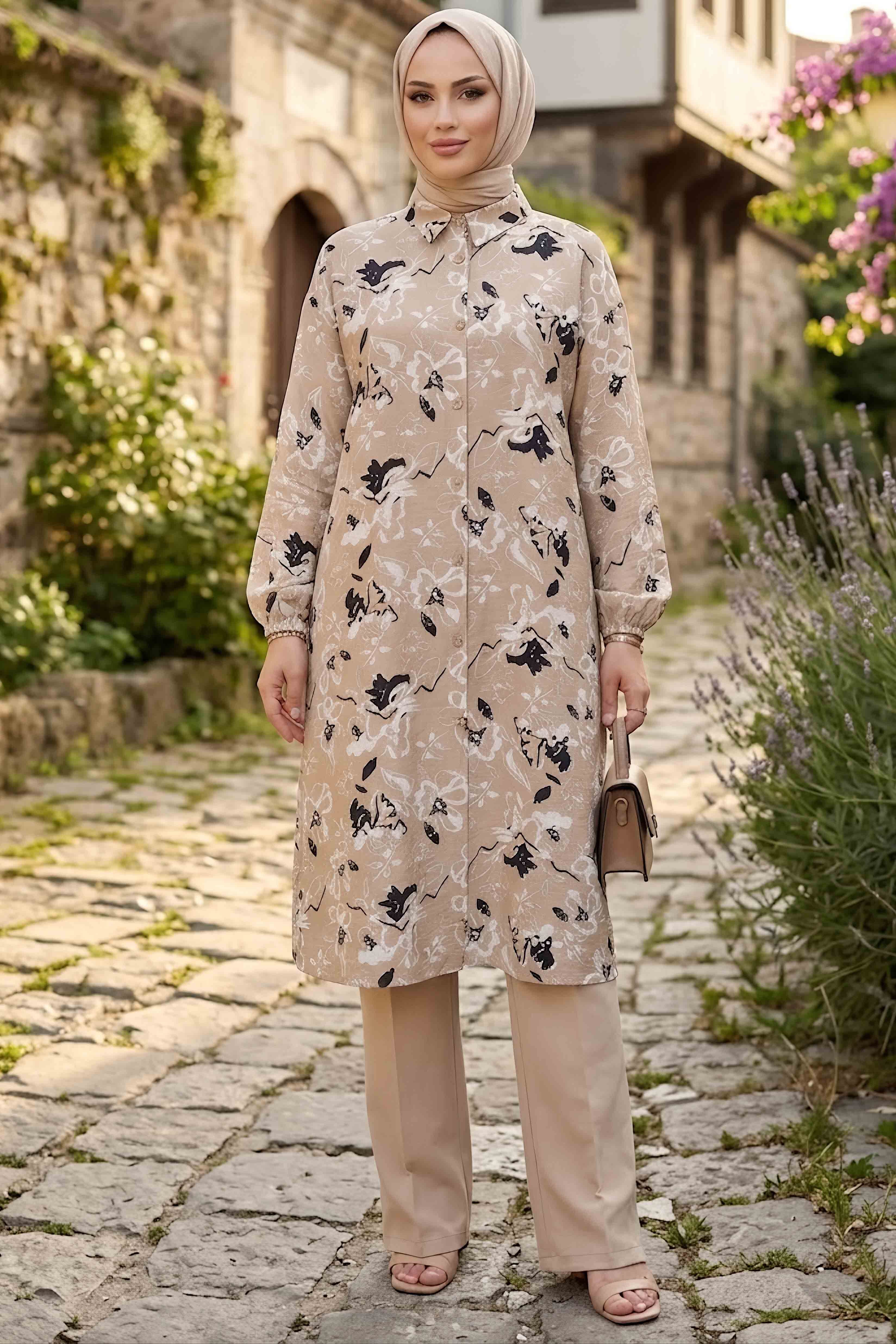 Desenli Ahşap Düğmeli Tunik Bej - 28836-BEJ - 1
