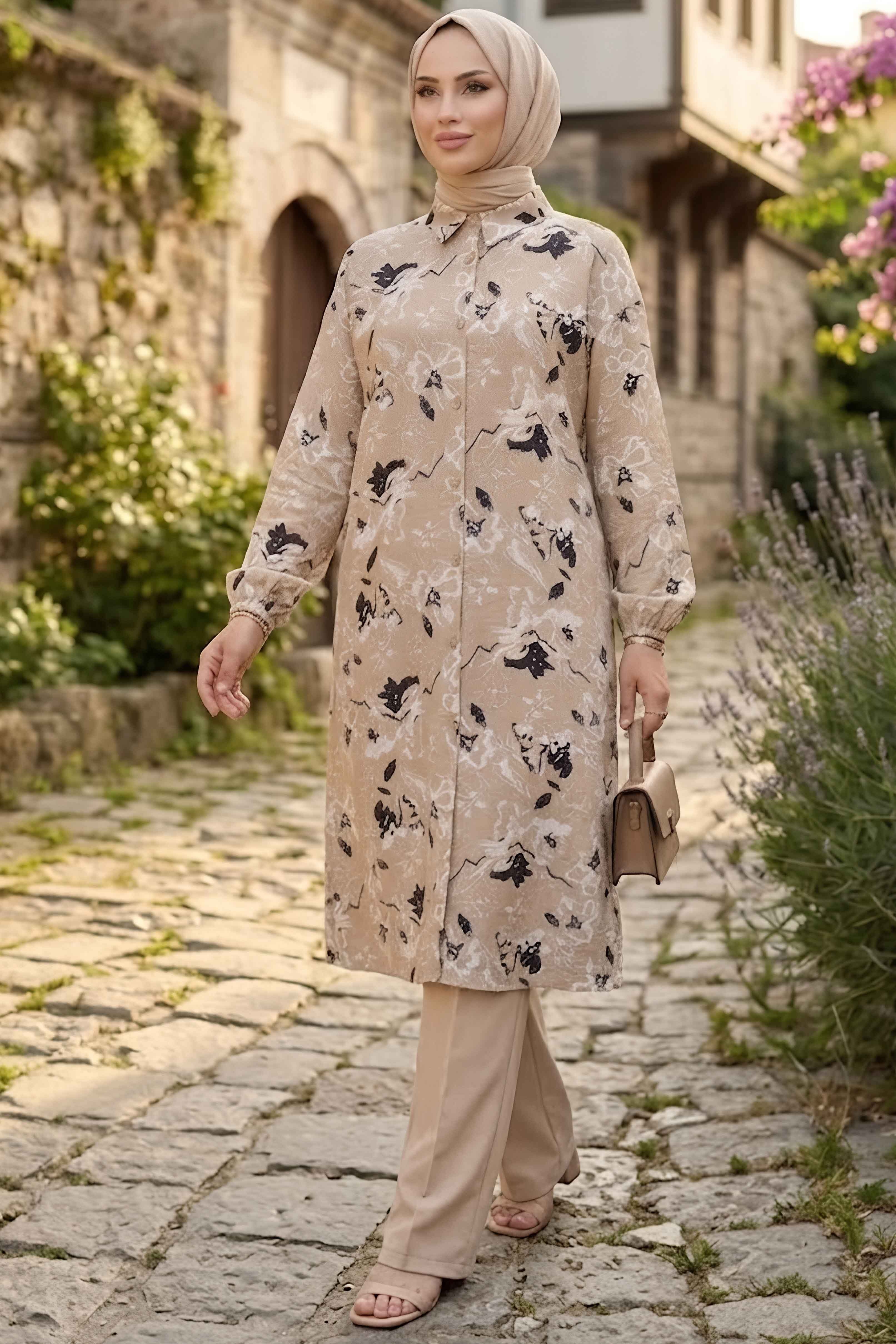 Desenli Ahşap Düğmeli Tunik Bej - 28836-BEJ - 2