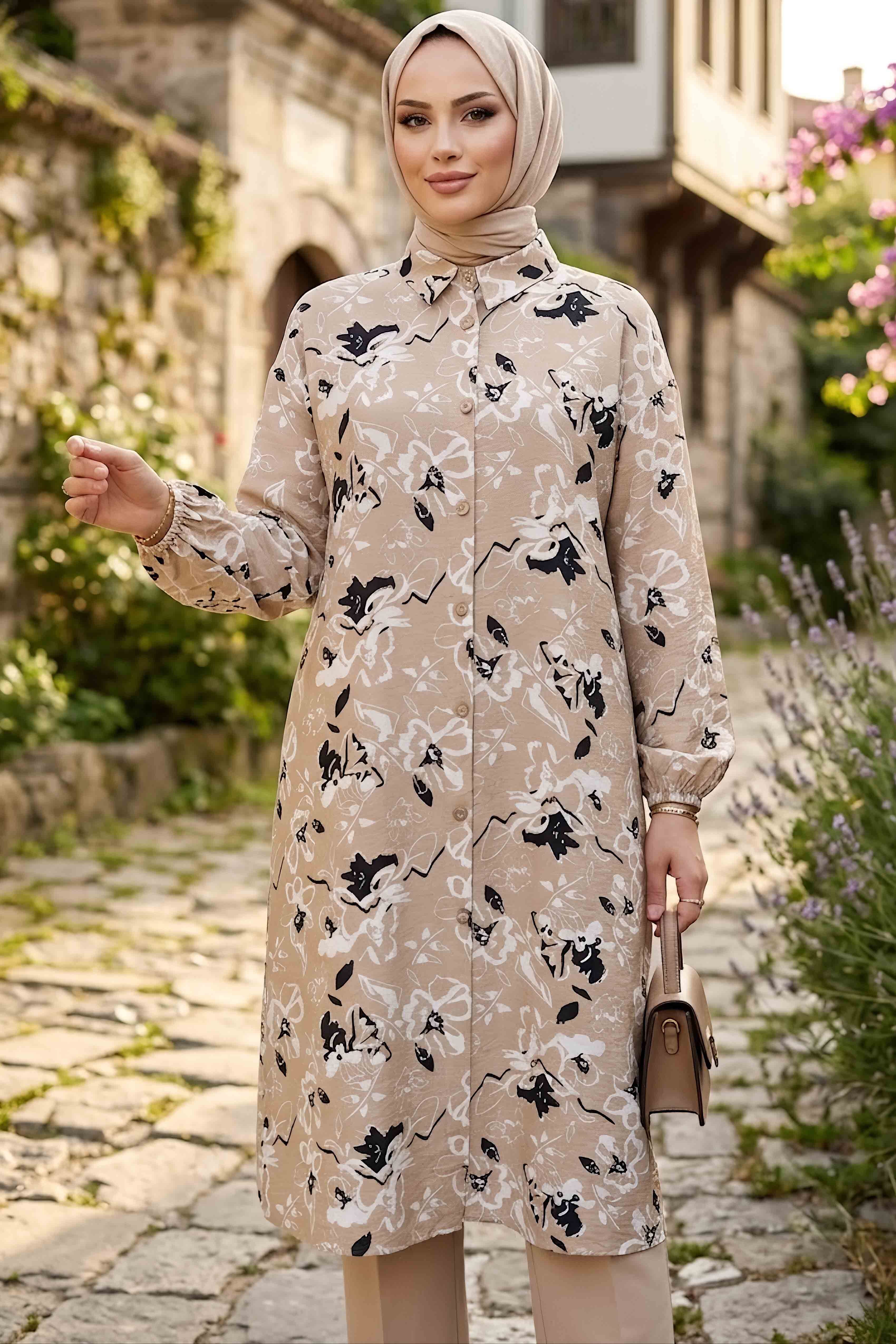 Desenli Ahşap Düğmeli Tunik Bej - 28836-BEJ - 3