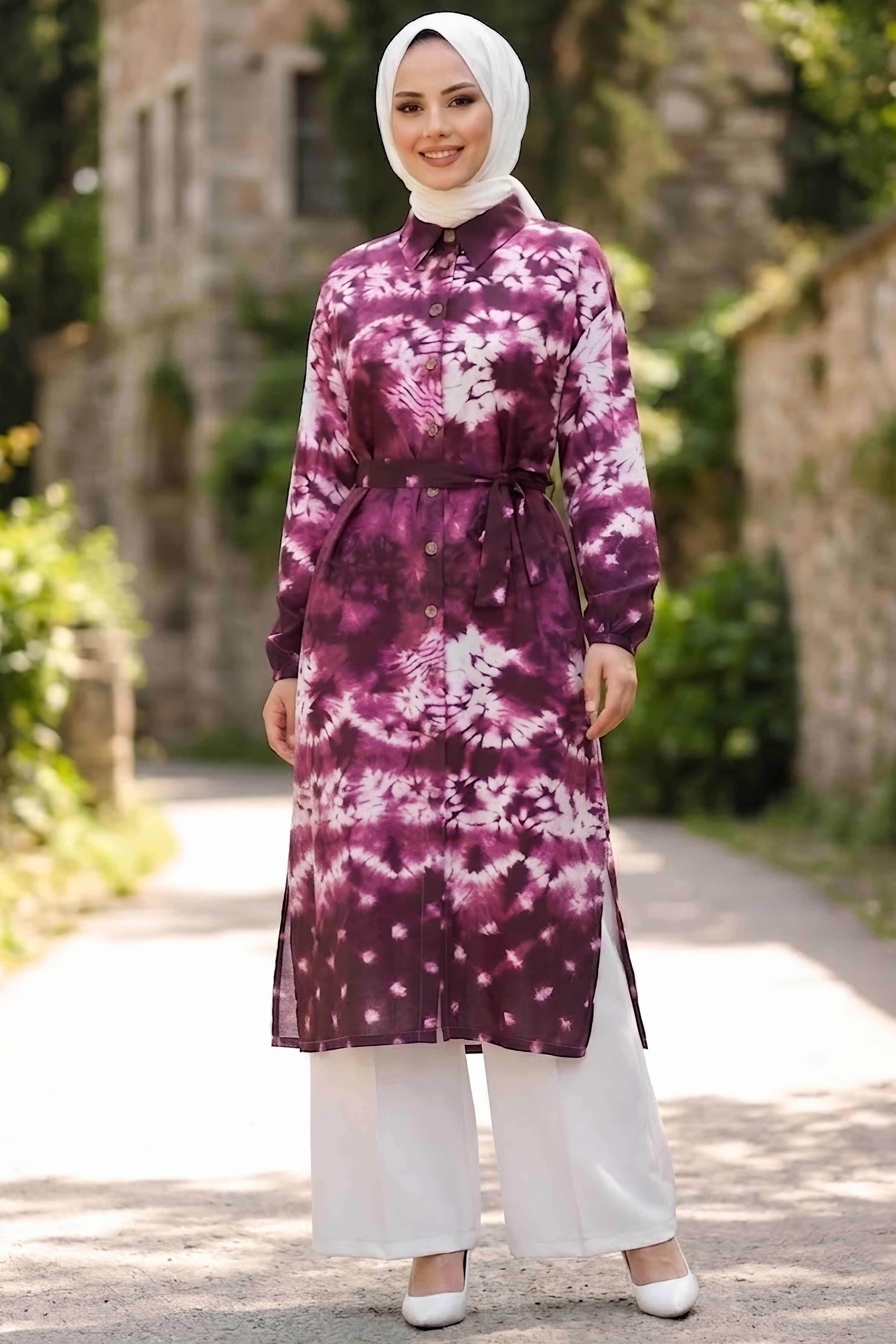 Desenli Ahşap Düğmeli Tunik Bordo - 28834-BORDO - 1