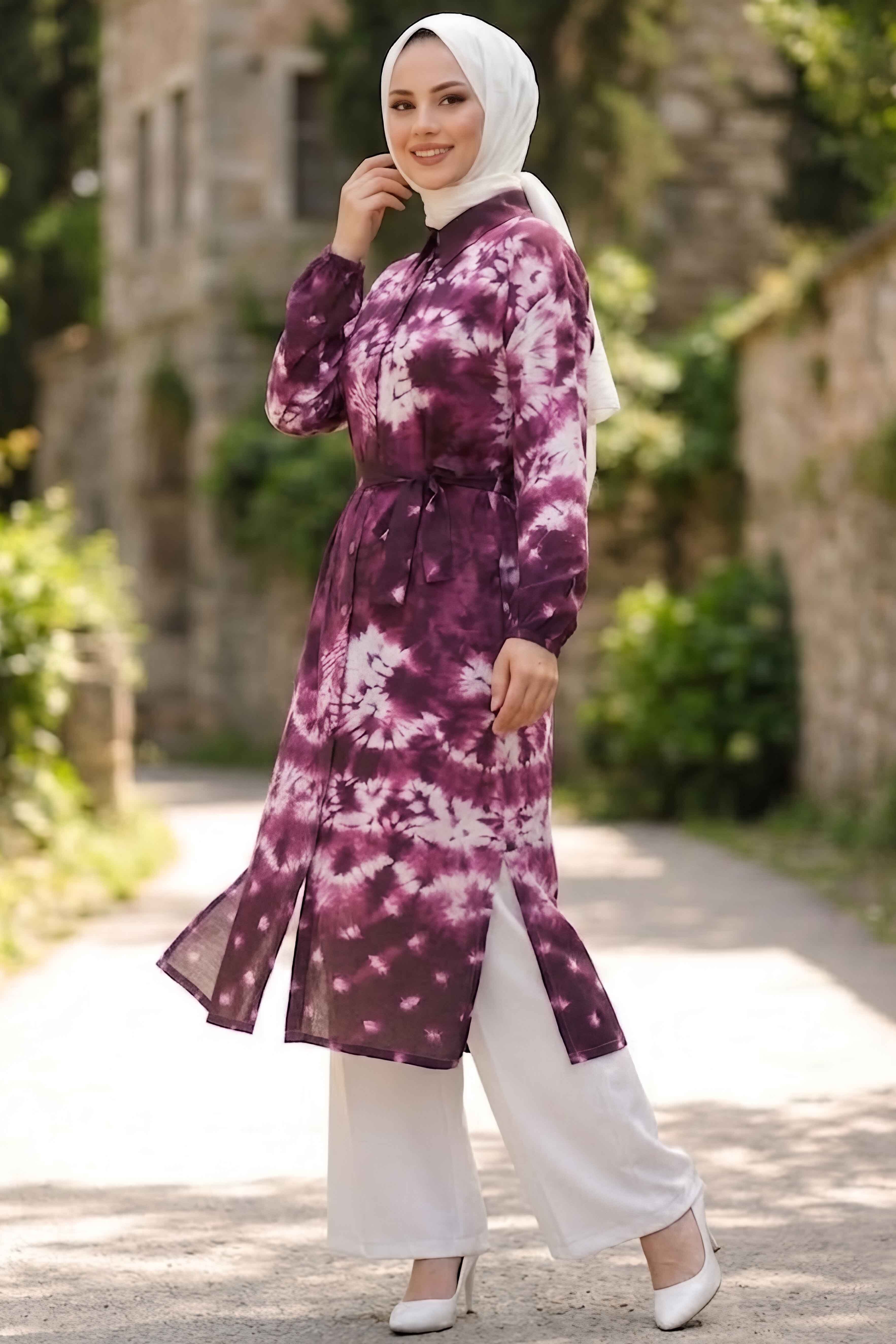 Desenli Ahşap Düğmeli Tunik Bordo - 28834-BORDO - 2