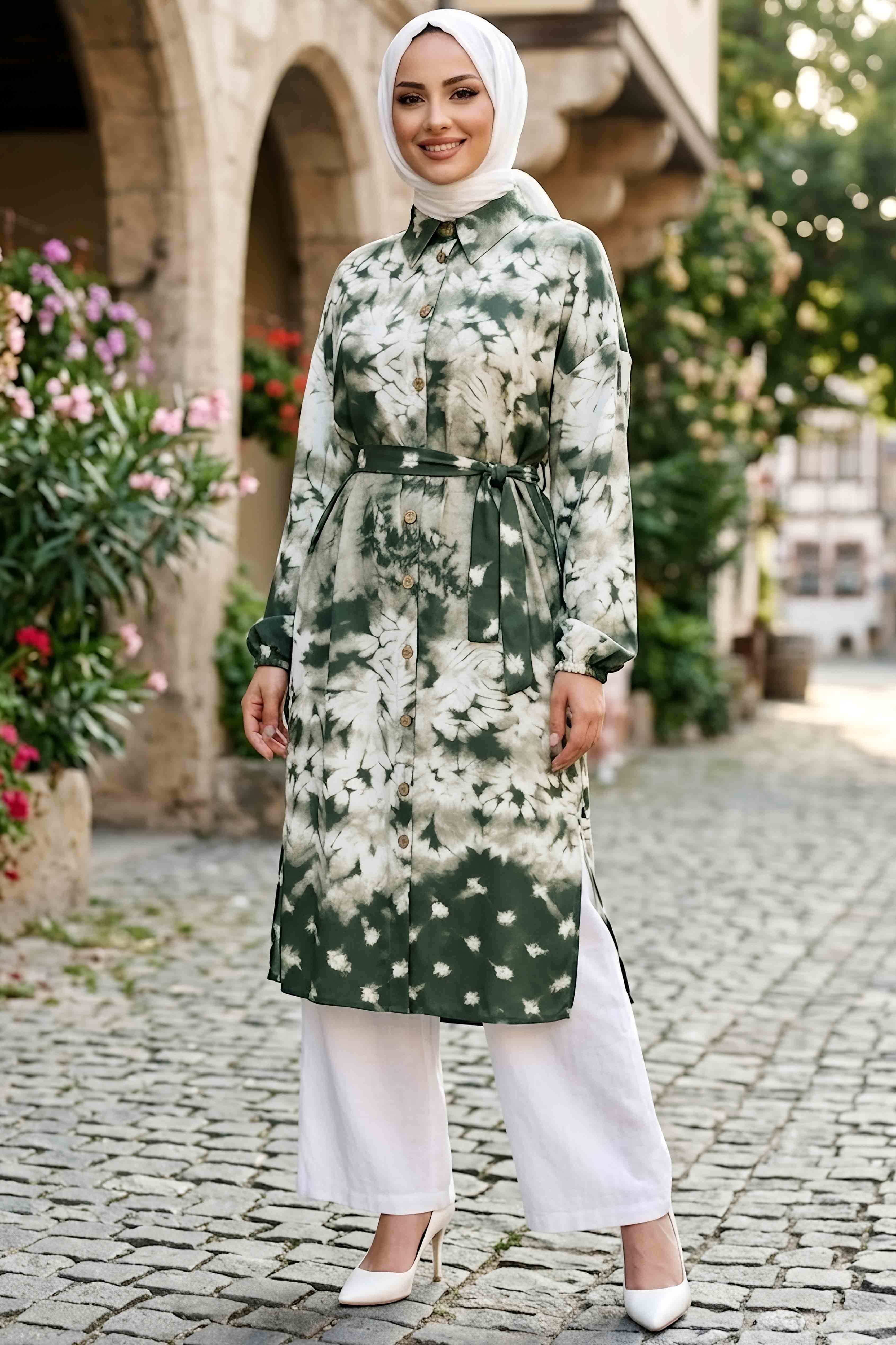 Desenli Ahşap Düğmeli Tunik Haki - 28834-HAKI - 1