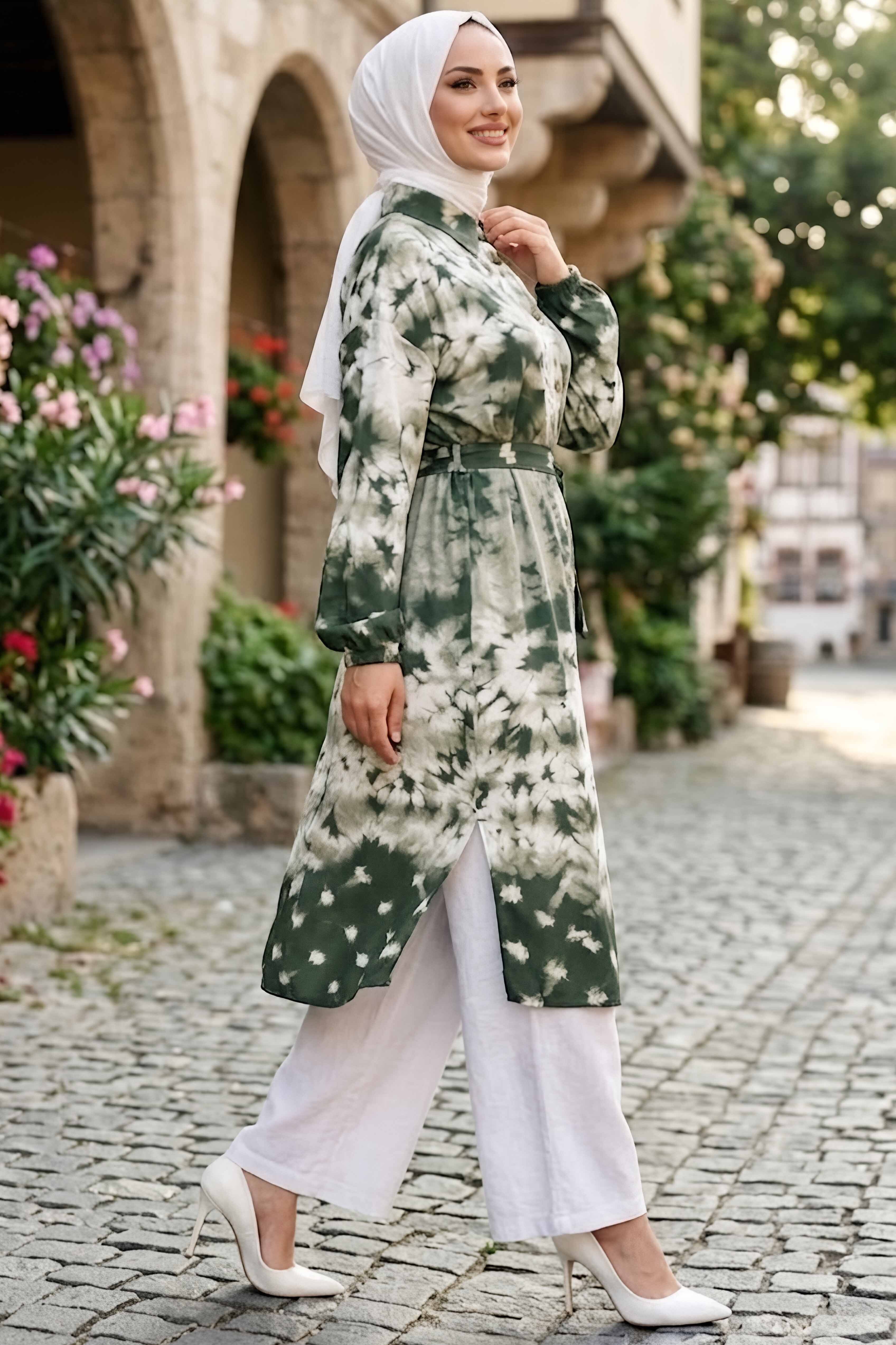 Desenli Ahşap Düğmeli Tunik Haki - 28834-HAKI - 2