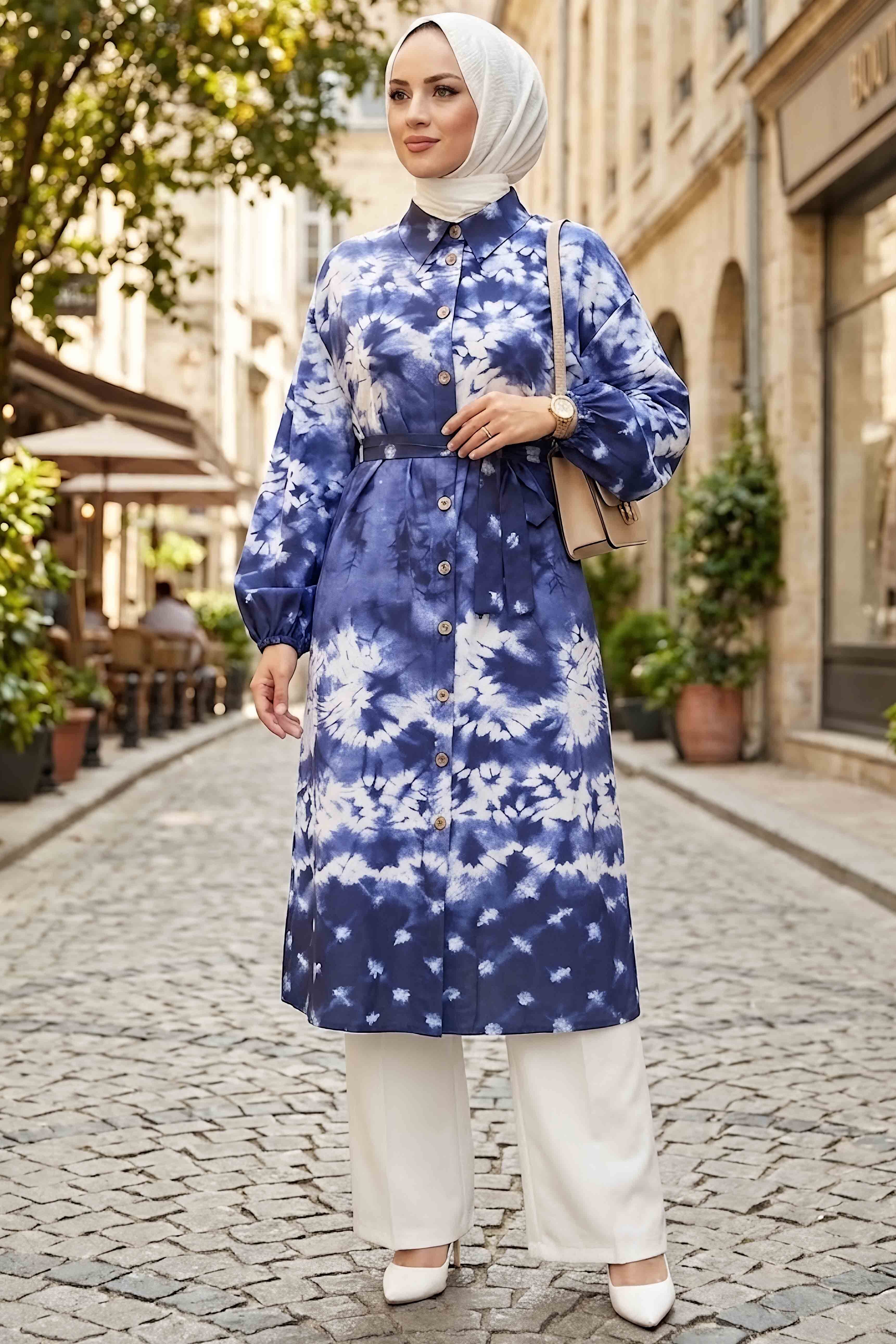 Desenli Ahşap Düğmeli Tunik Lacivert - 28834-LACIVERT - 1