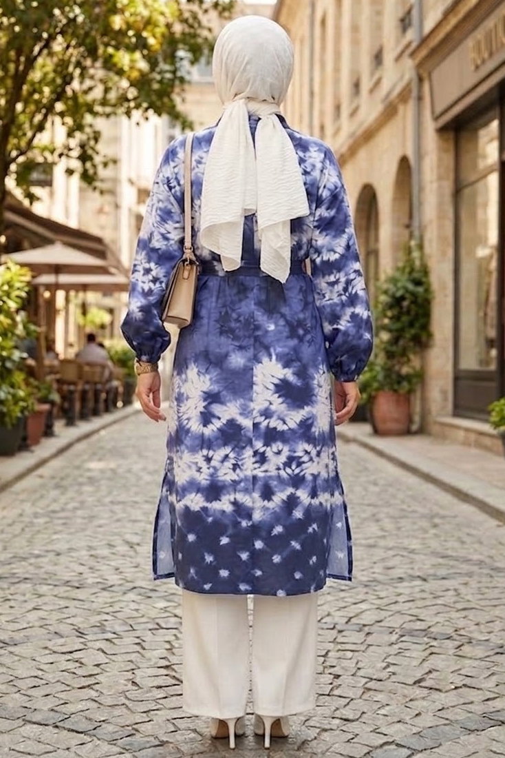 Desenli Ahşap Düğmeli Tunik Lacivert - 28834-LACIVERT - 4