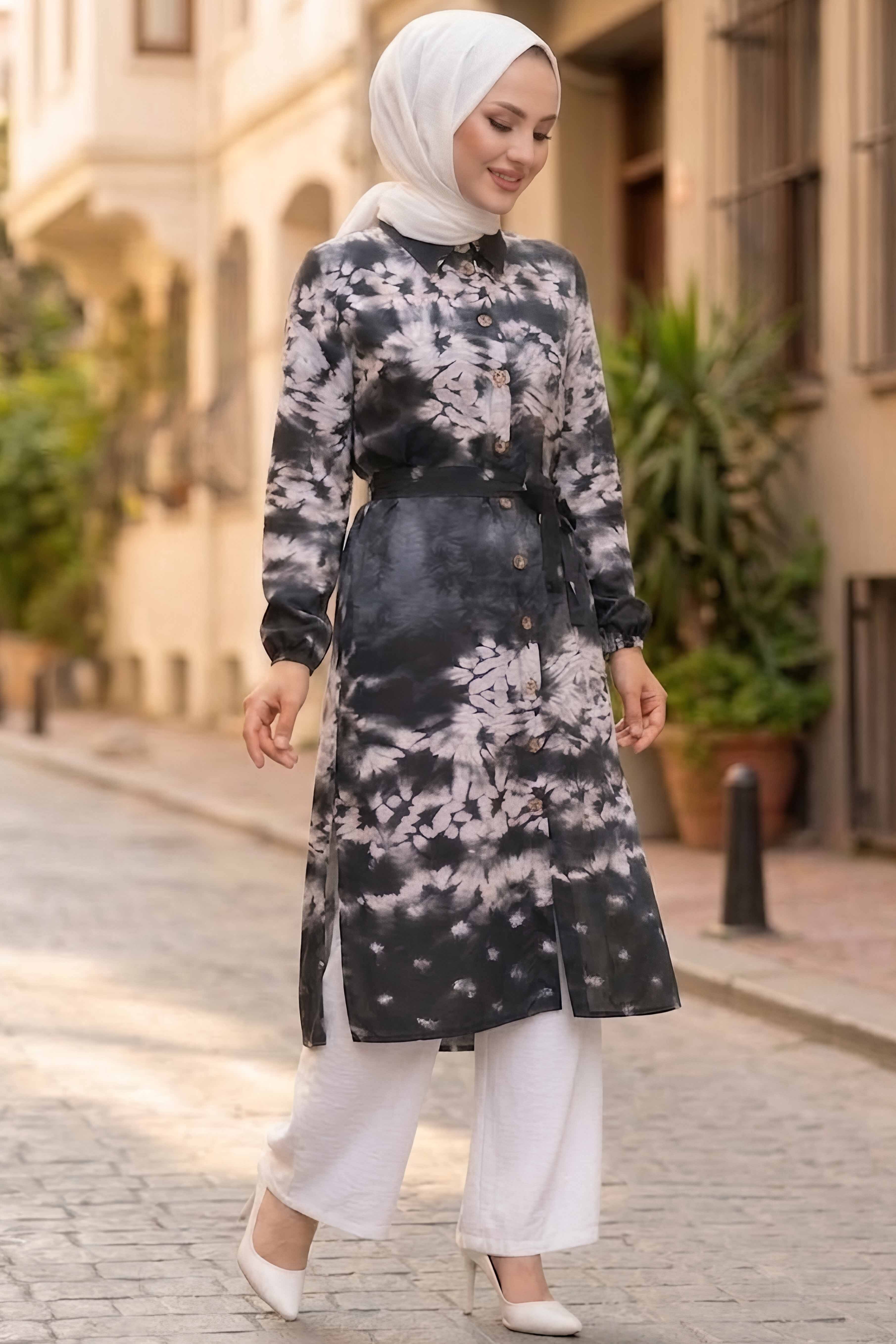Desenli Ahşap Düğmeli Tunik Siyah - 28834-SIYAH - 2