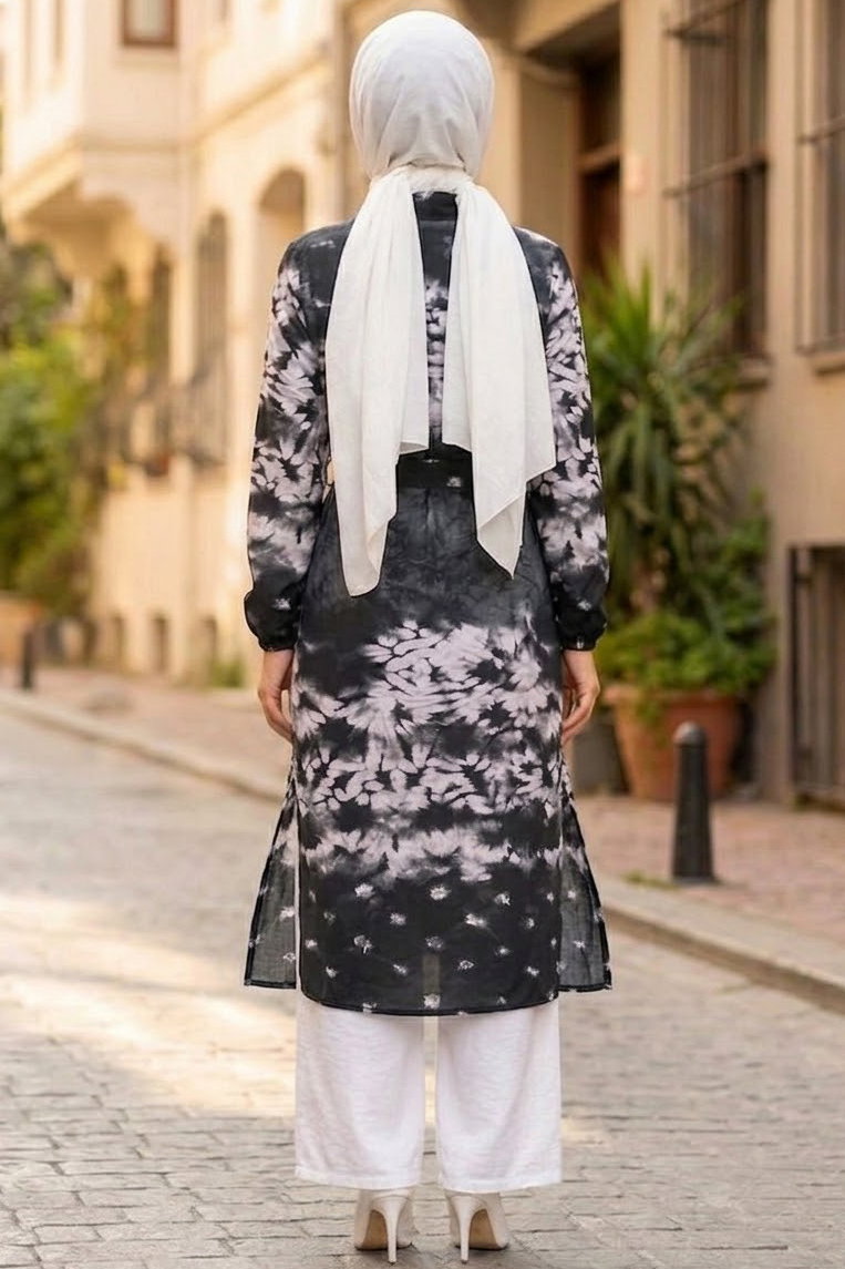 Desenli Ahşap Düğmeli Tunik Siyah - 28834-SIYAH - 4