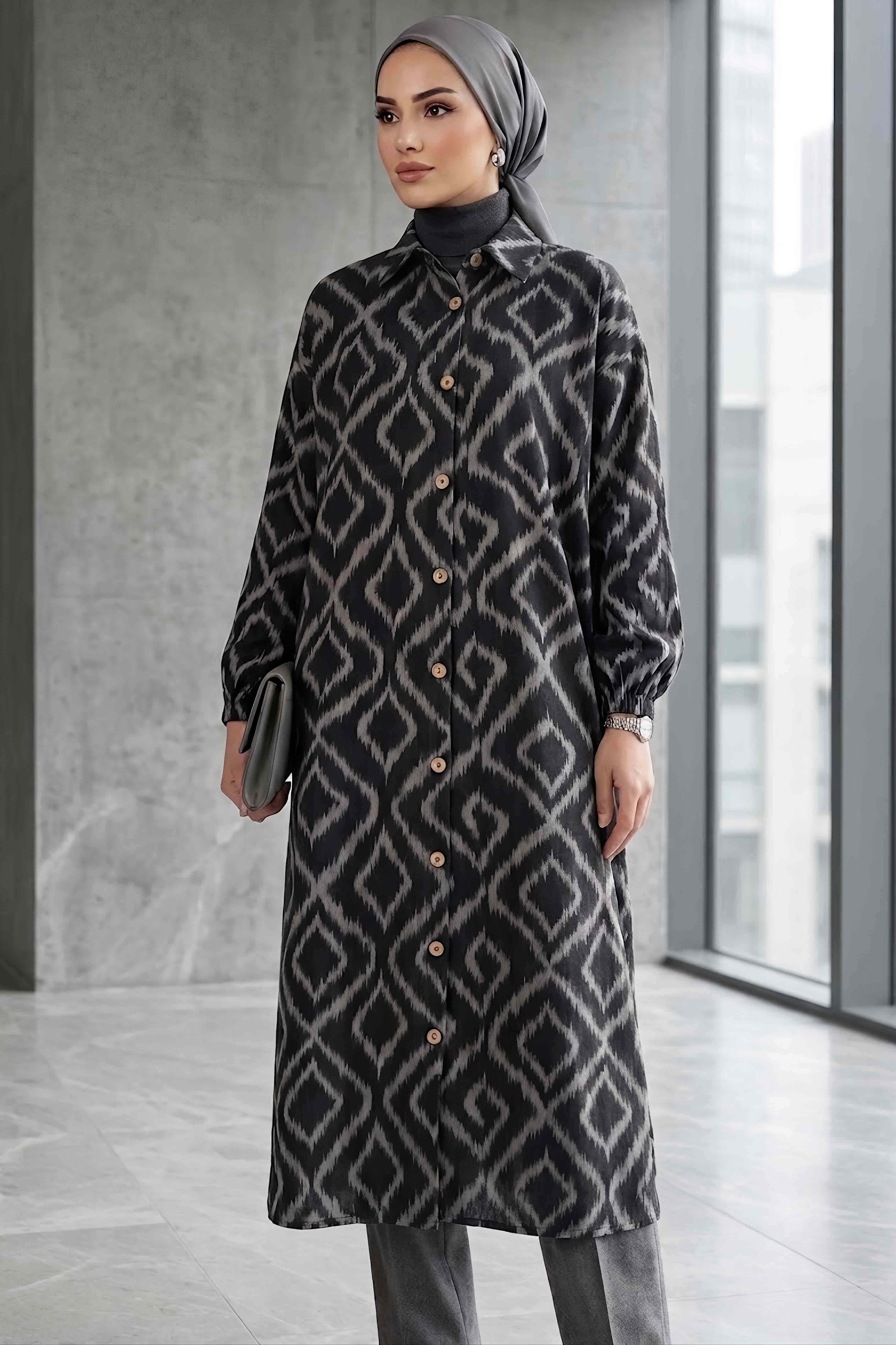 Desenli Ahşap Düğmeli Tunik Siyah - 28835-SIYAH - 1