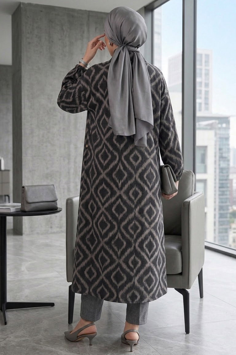 Desenli Ahşap Düğmeli Tunik Siyah - 28835-SIYAH - 3