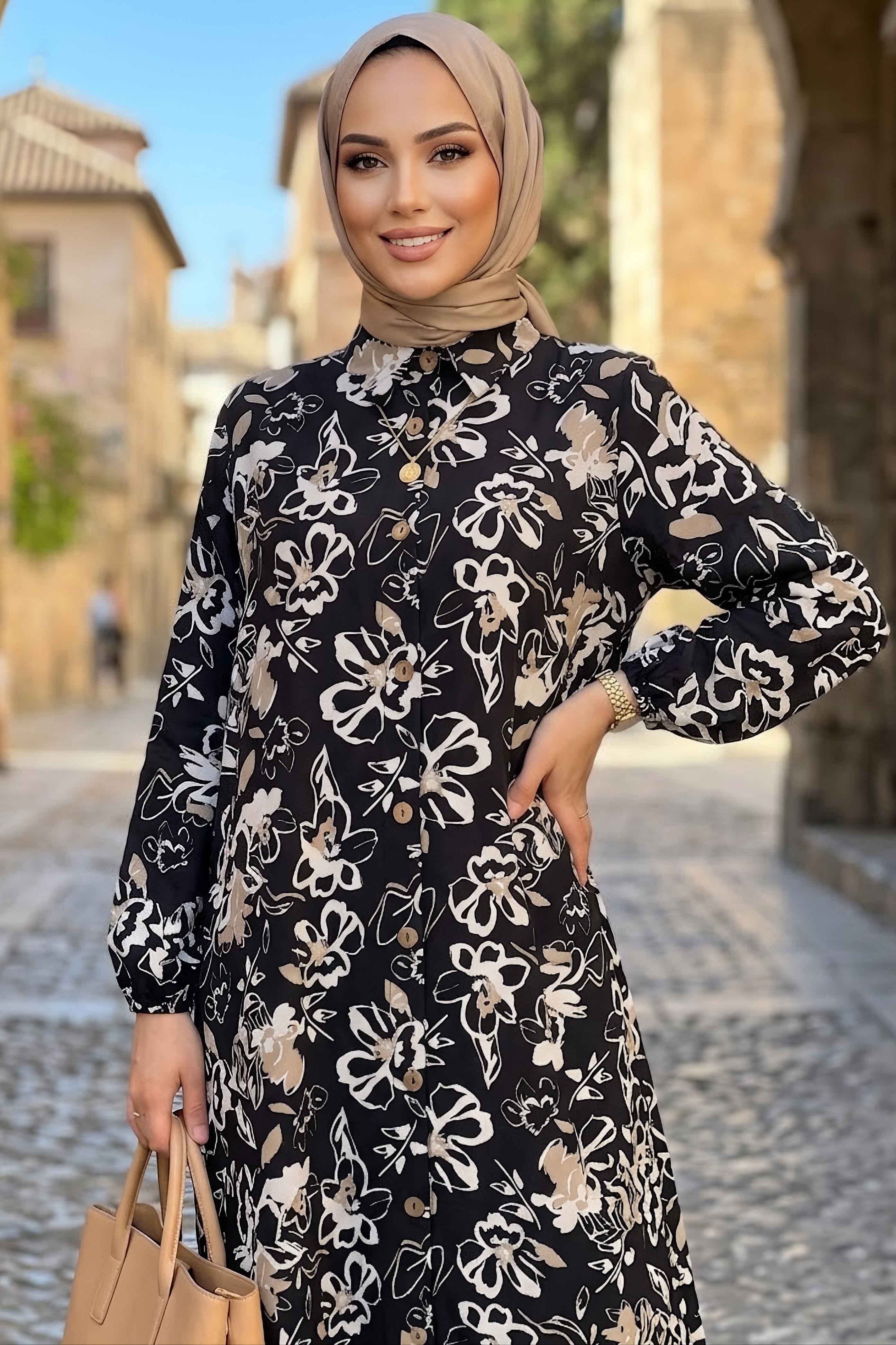 Desenli Ahşap Düğmeli Tunik Siyah - 28836-SIYAH - 2
