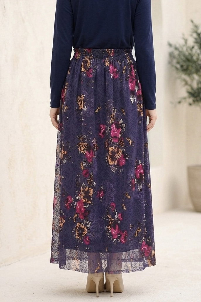 Desenli Astarlı Şifon Etek Lacivert - 28433-LACIVERT - 3