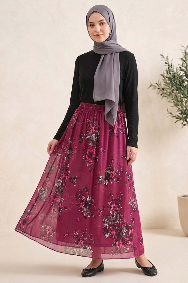 Desenli Astarlı Şifon Etek Mürdüm - 28433-MURDUM - 1