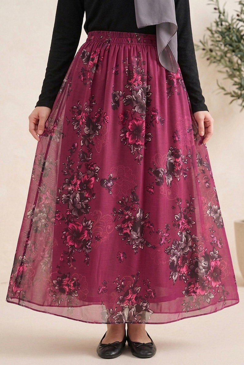 Desenli Astarlı Şifon Etek Mürdüm - 28433-MURDUM - 2