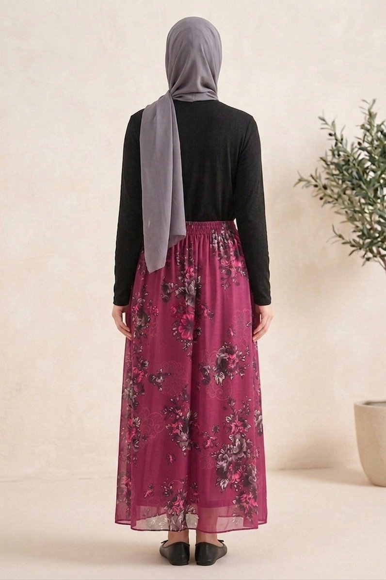 Desenli Astarlı Şifon Etek Mürdüm - 28433-MURDUM - 3