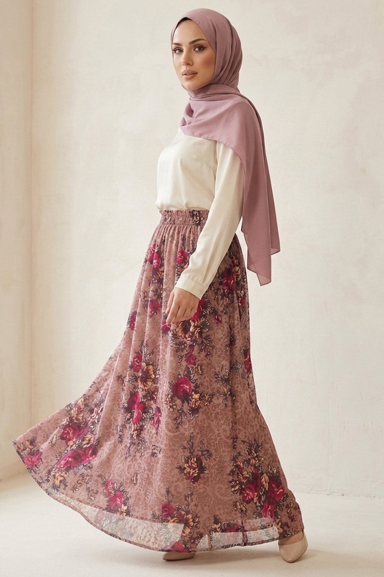 Desenli Astarlı Şifon Etek Somon - 28433-SOMON - 1