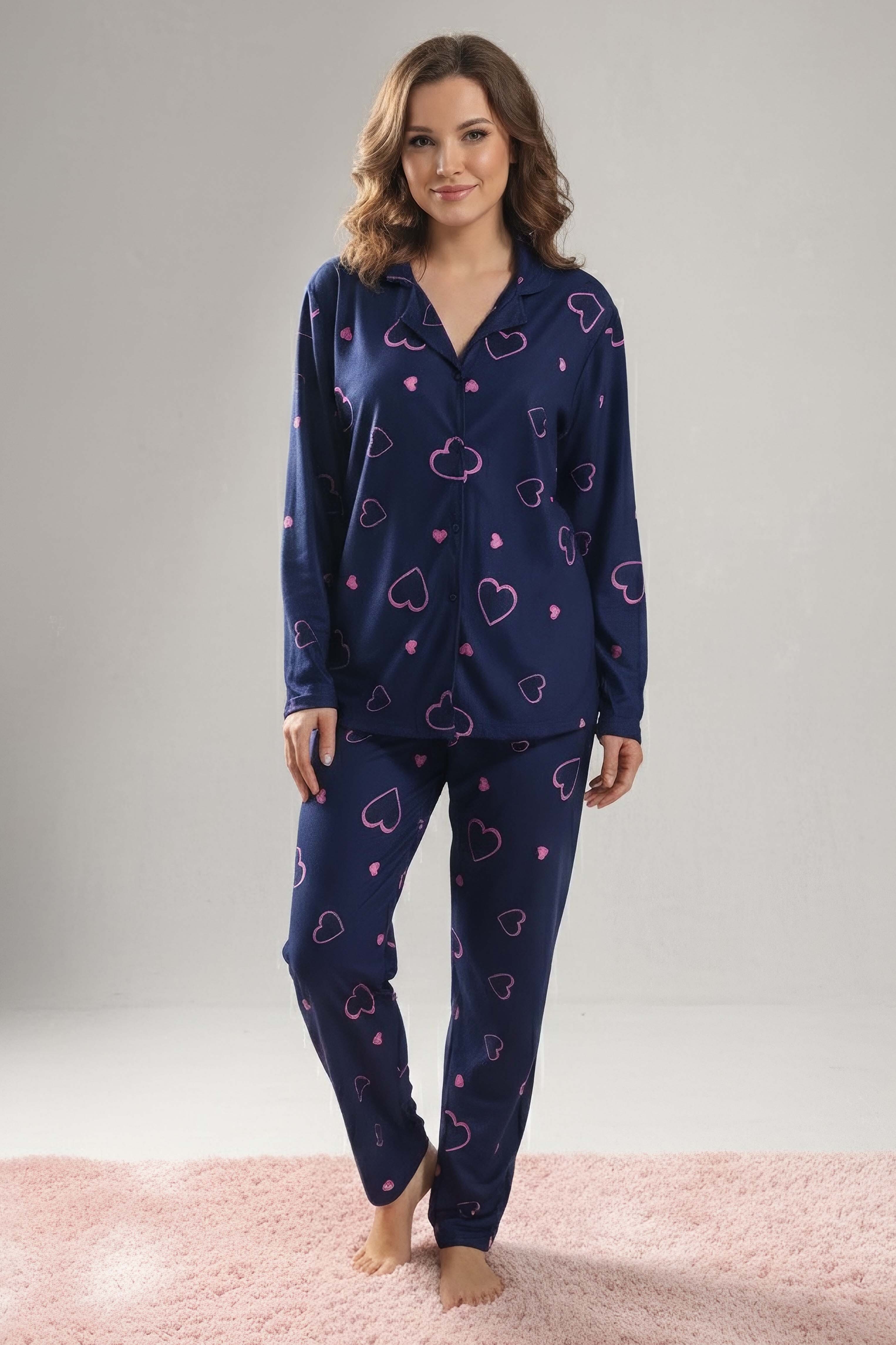 Desenli Baskılı Pijama Takımı - 28064-LACIVERT - 1