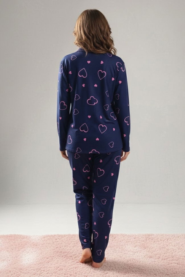 Desenli Baskılı Pijama Takımı - 28064-LACIVERT - 2