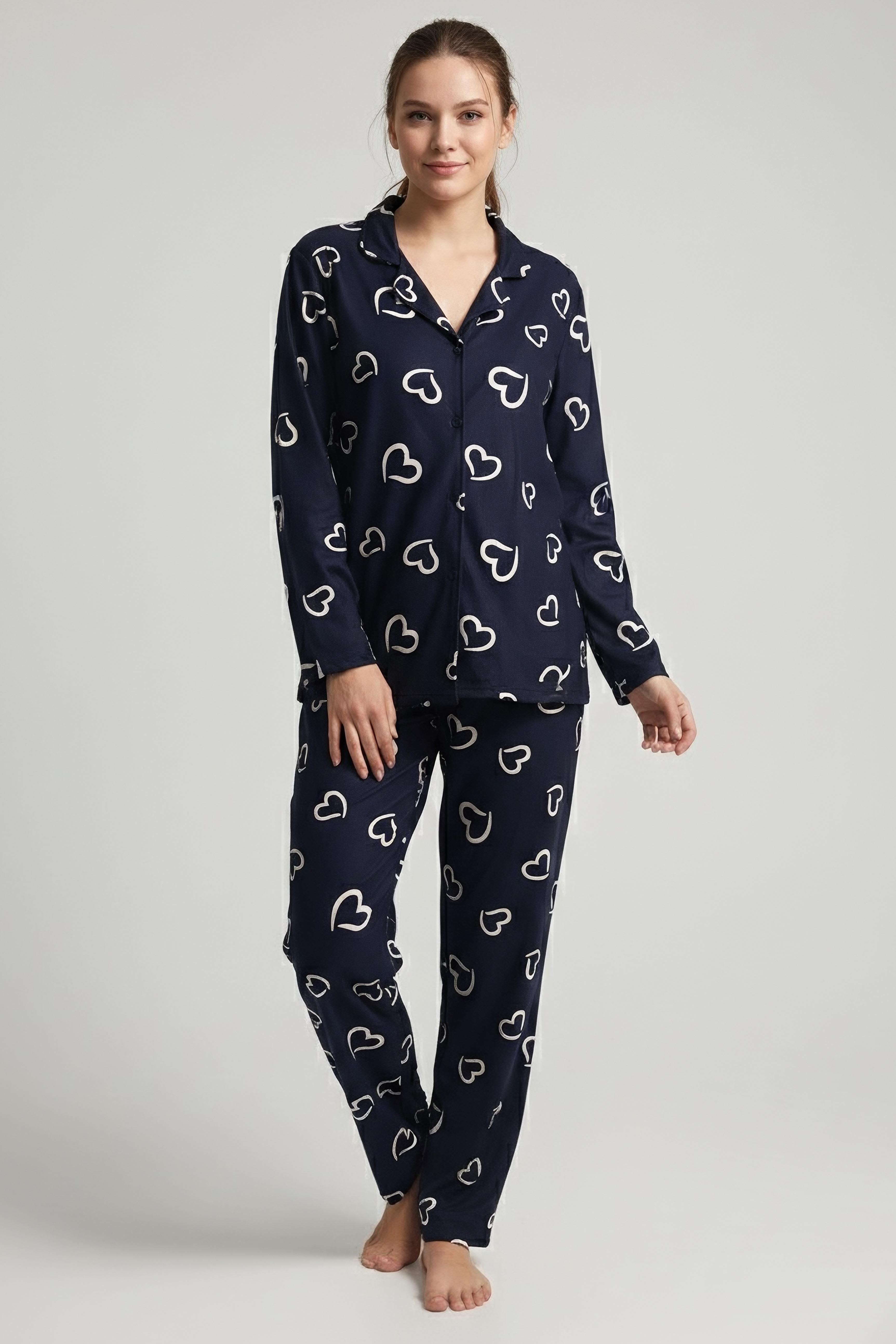 Desenli Baskılı Pijama Takımı - 28064-SIYAH - 2