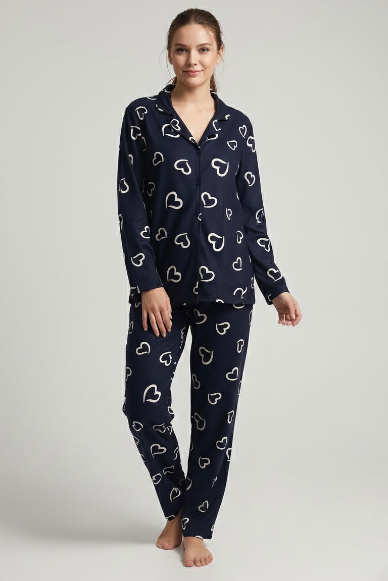 Desenli Baskılı Pijama Takımı - 28064-SIYAH - TOFİSA