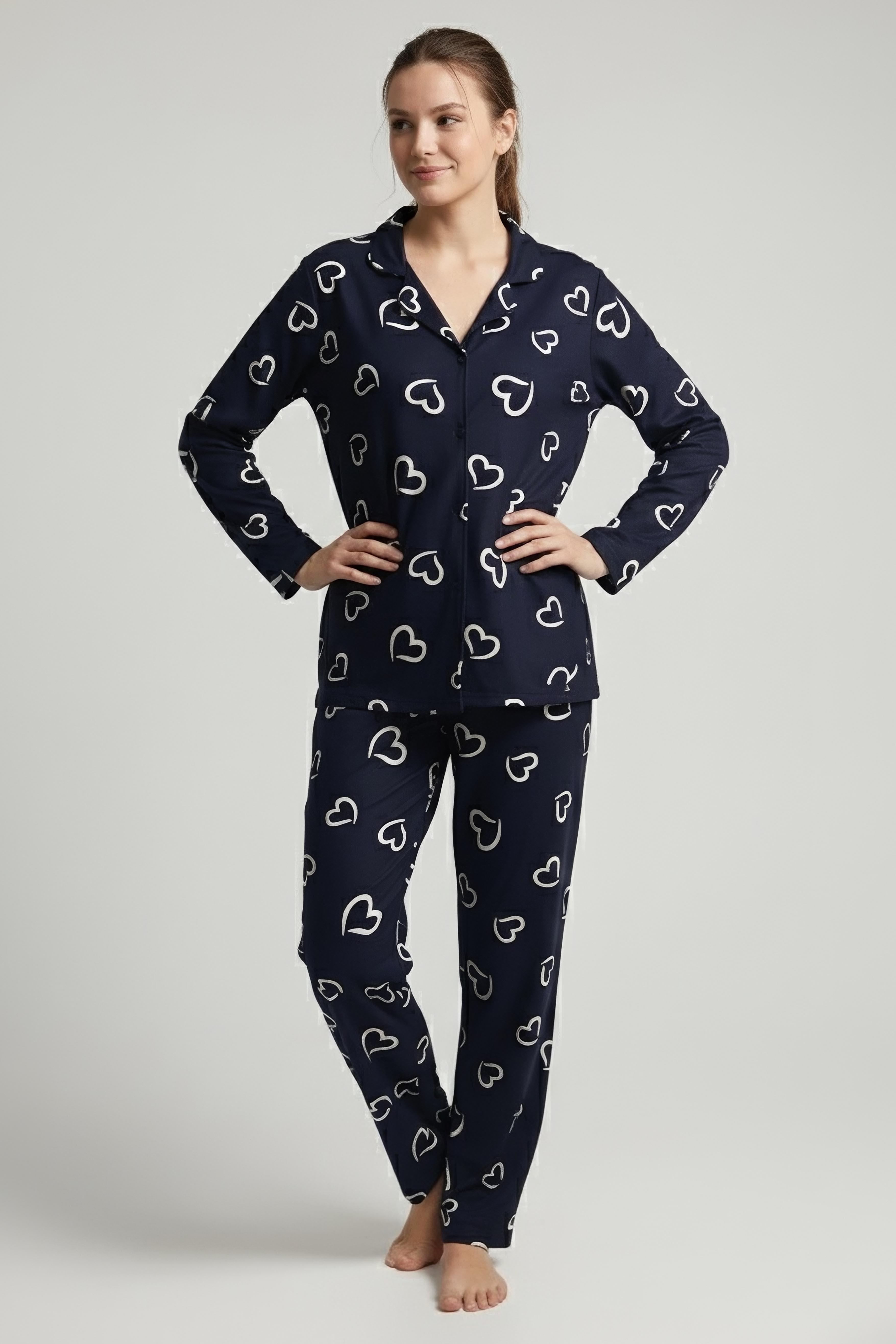 Desenli Baskılı Pijama Takımı - 28064-SIYAH - 1