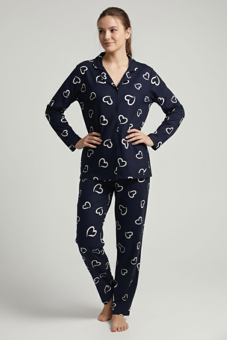 Desenli Baskılı Pijama Takımı - 28064-SIYAH - TOFİSA