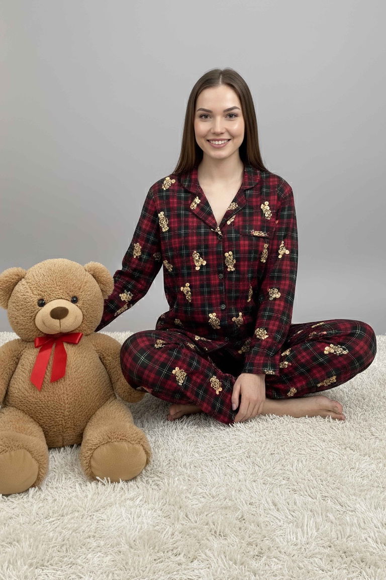 Desenli Baskılı Pijama Takımı - 28065-KIRMIZI - TOFİSA