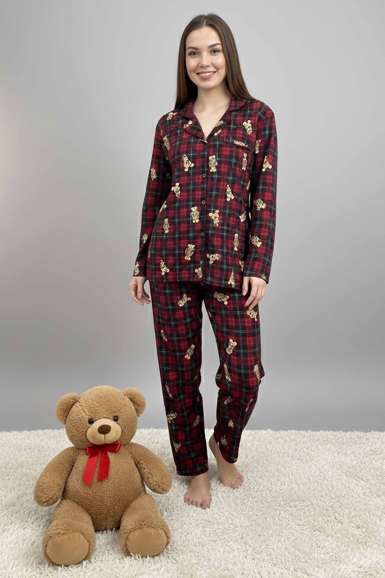 Desenli Baskılı Pijama Takımı - 28065-KIRMIZI - TOFİSA