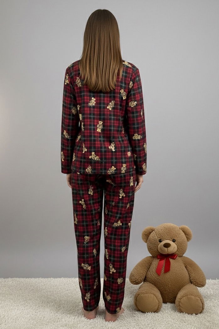 Desenli Baskılı Pijama Takımı - 28065-KIRMIZI - 3