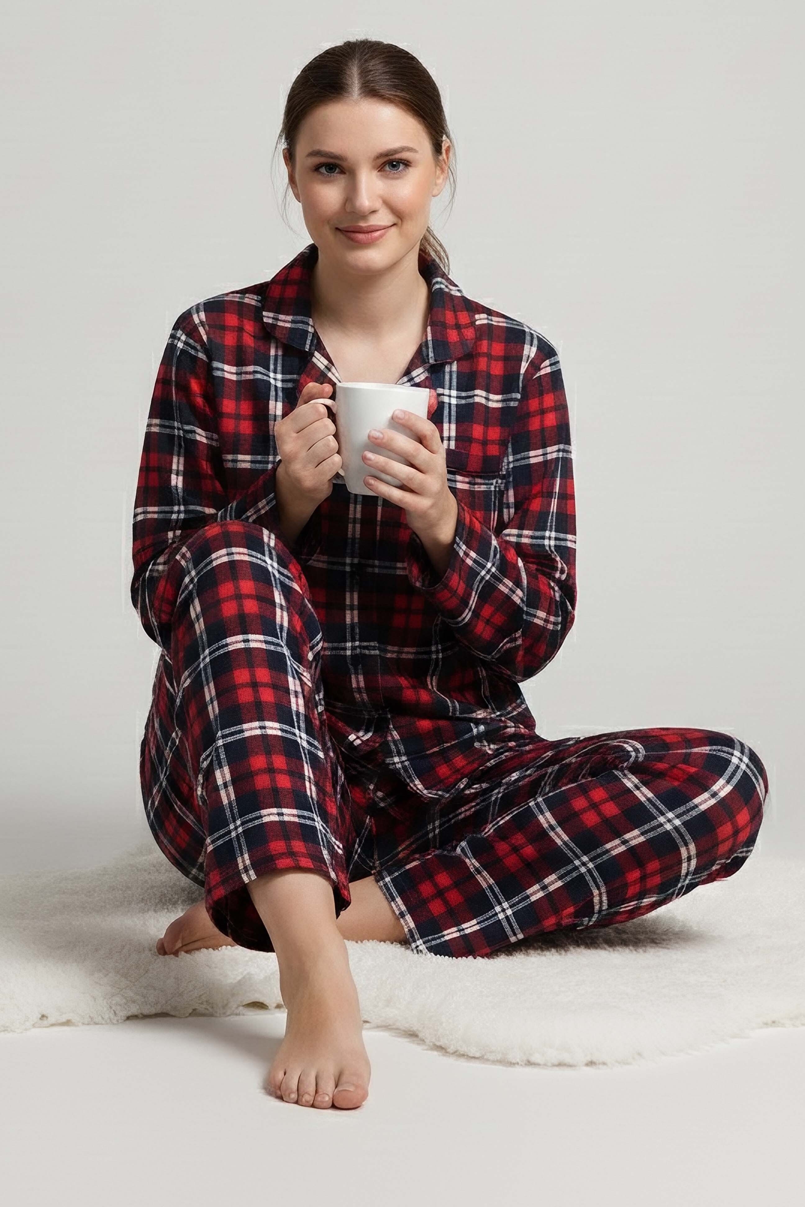 Desenli Baskılı Pijama Takımı - 28066-KIRMIZI - 1