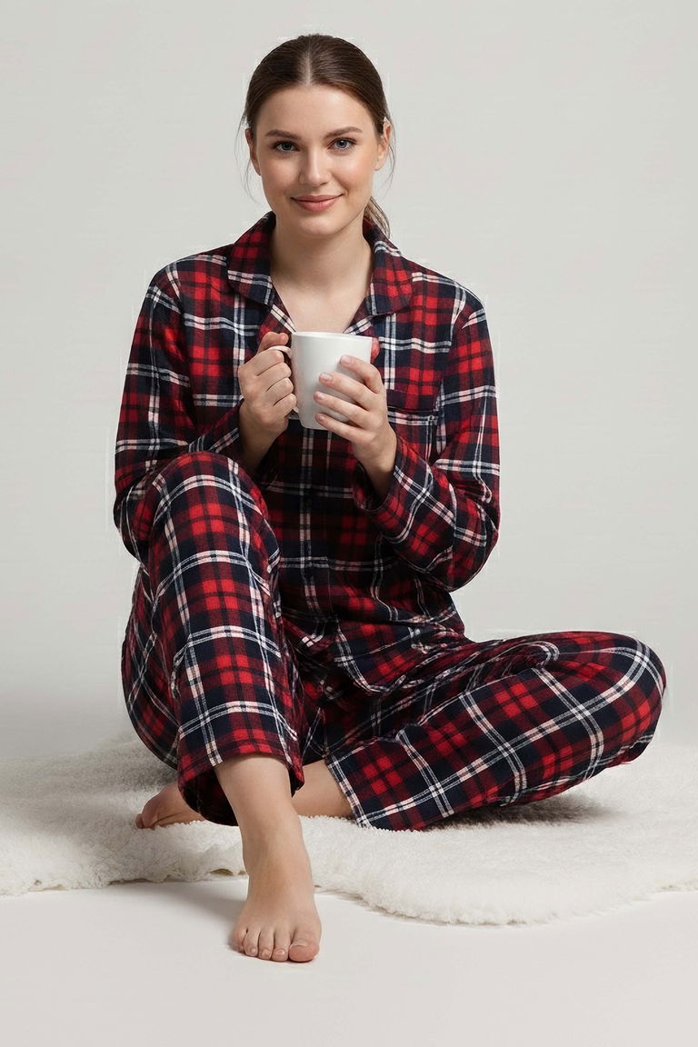 Desenli Baskılı Pijama Takımı - 28066-KIRMIZI - TOFİSA