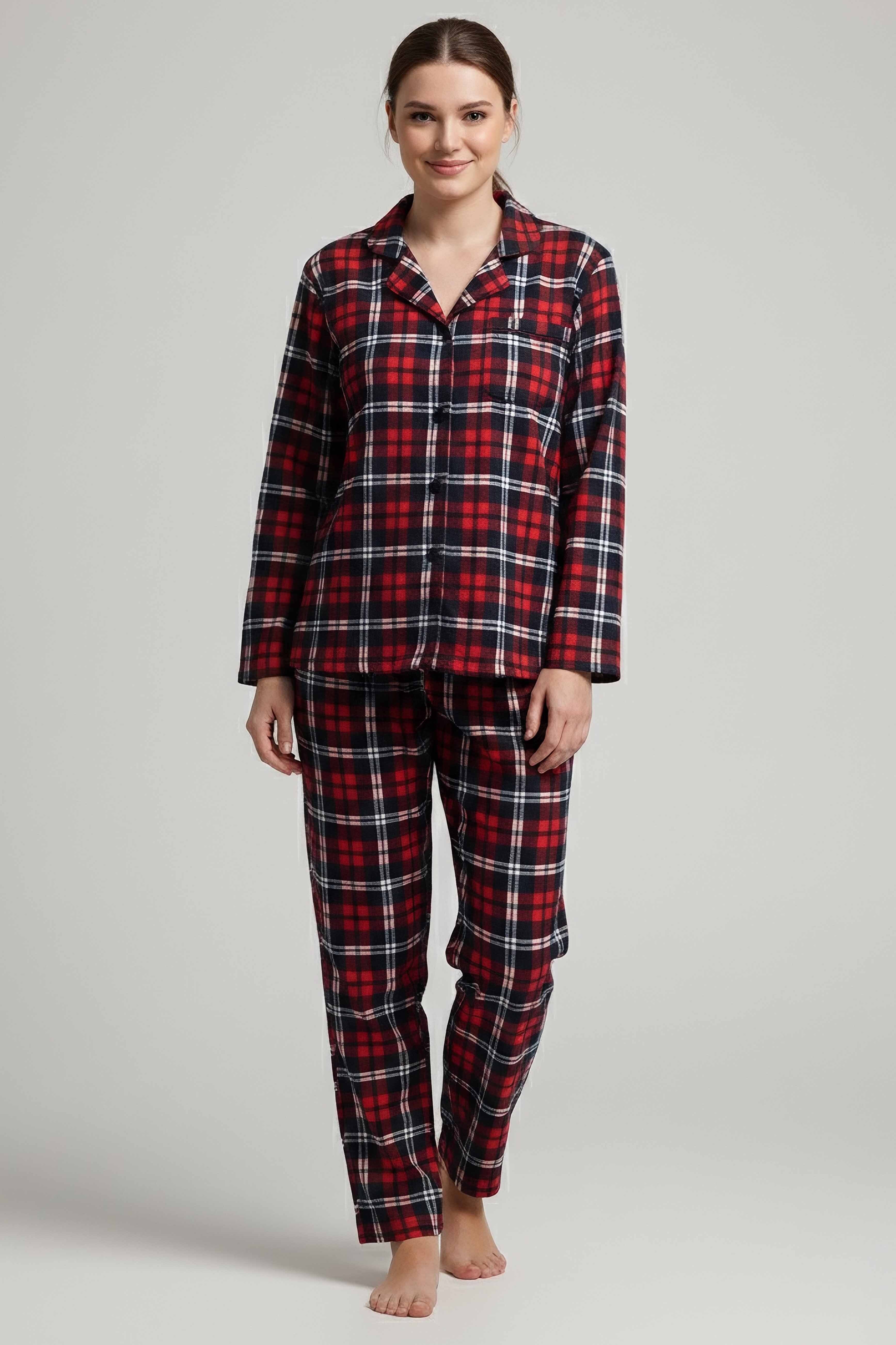 Desenli Baskılı Pijama Takımı - 28066-KIRMIZI - 2